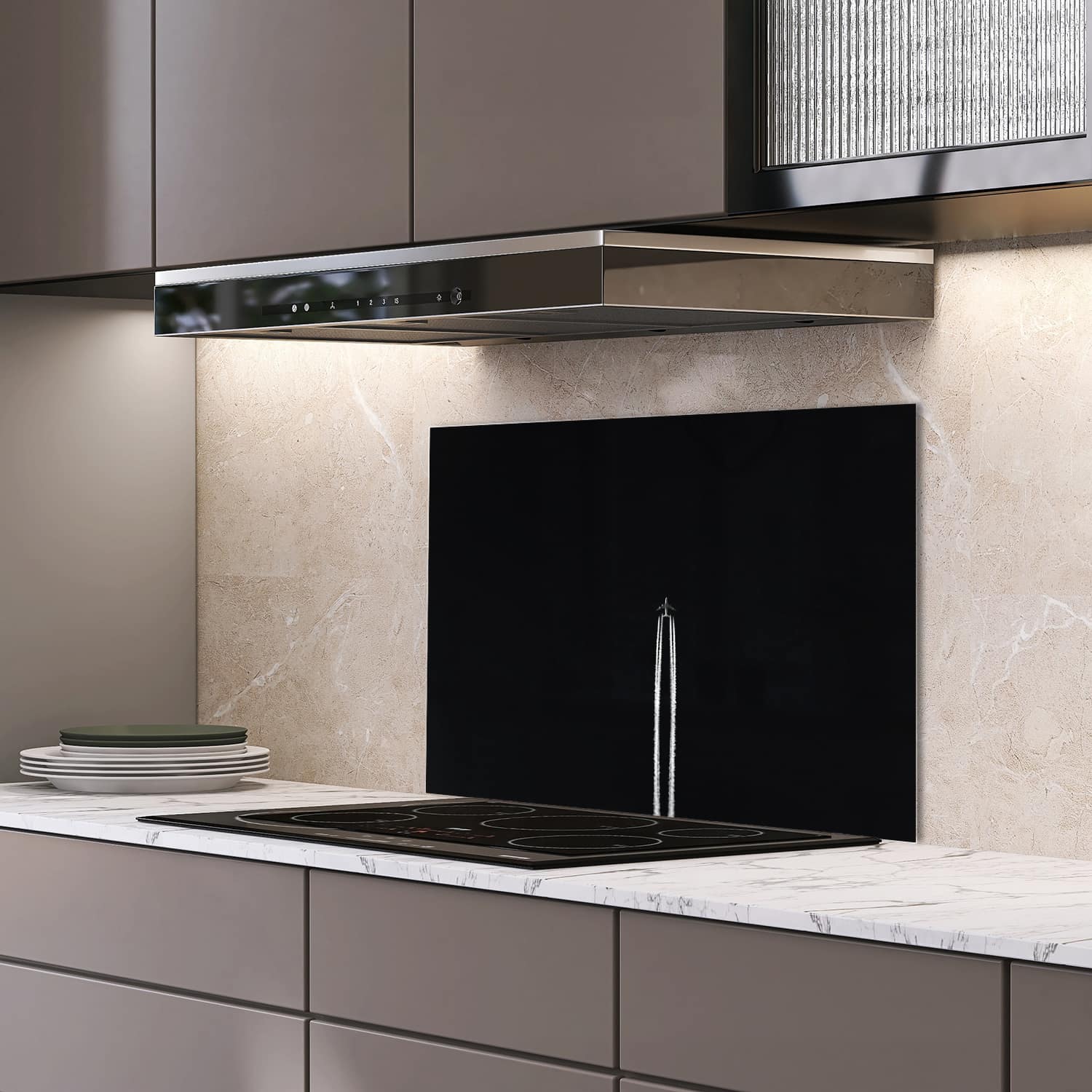 Eigen afmeting spatscherm-op-maat Keuken - Hittebestendig gehard glas - Zwart-Wit Vliegtuig