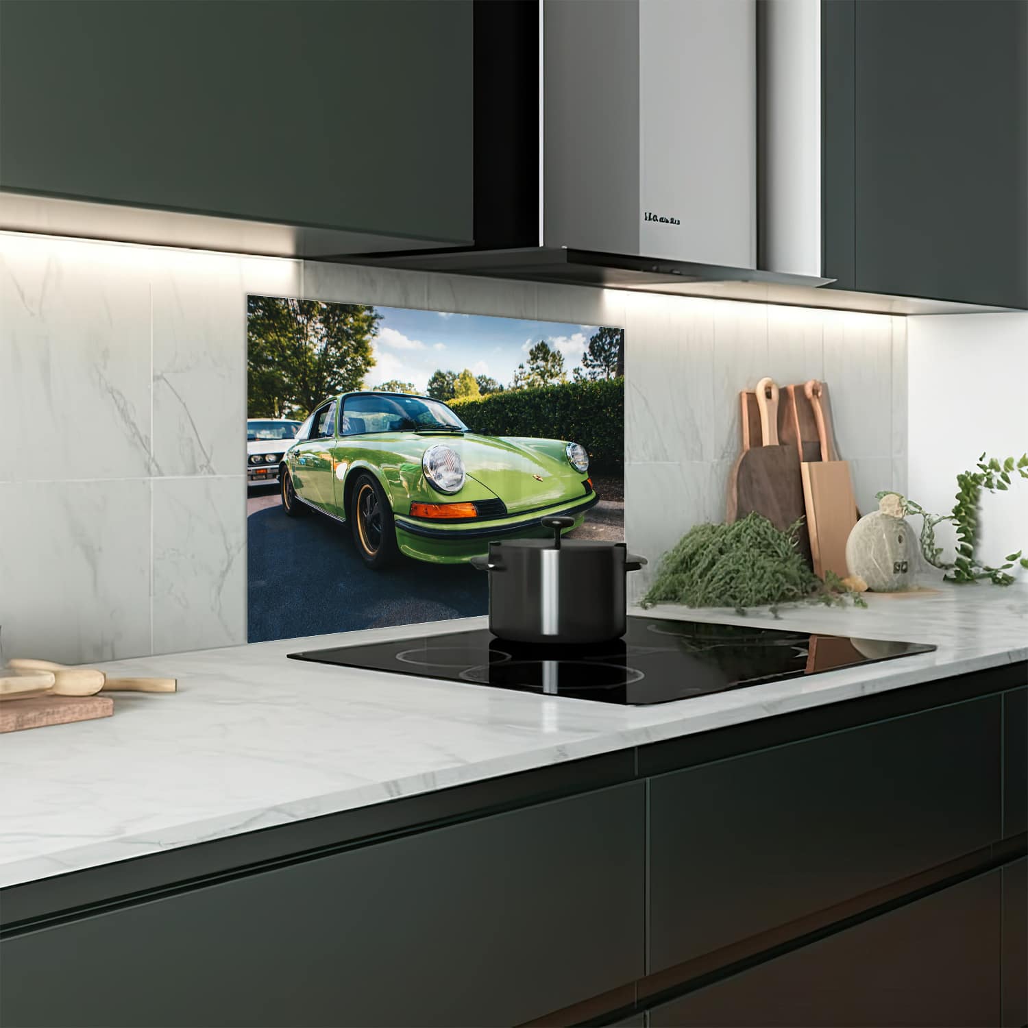 Eigen afmeting spatscherm-op-maat Keuken - Hittebestendig gehard glas - Porsche 911 1970 Groen