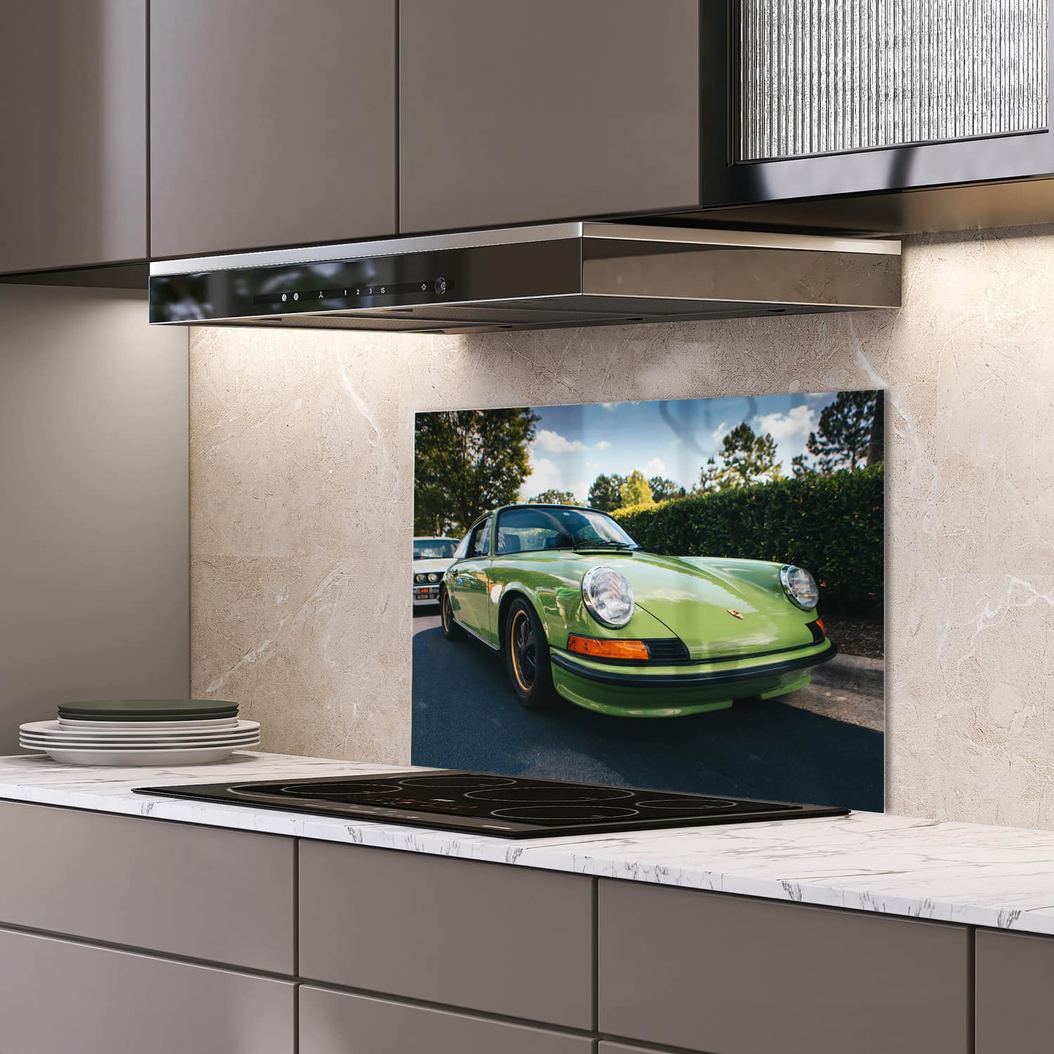 Eigen afmeting spatscherm-op-maat Keuken - Hittebestendig gehard glas - Porsche 911 1970 Groen
