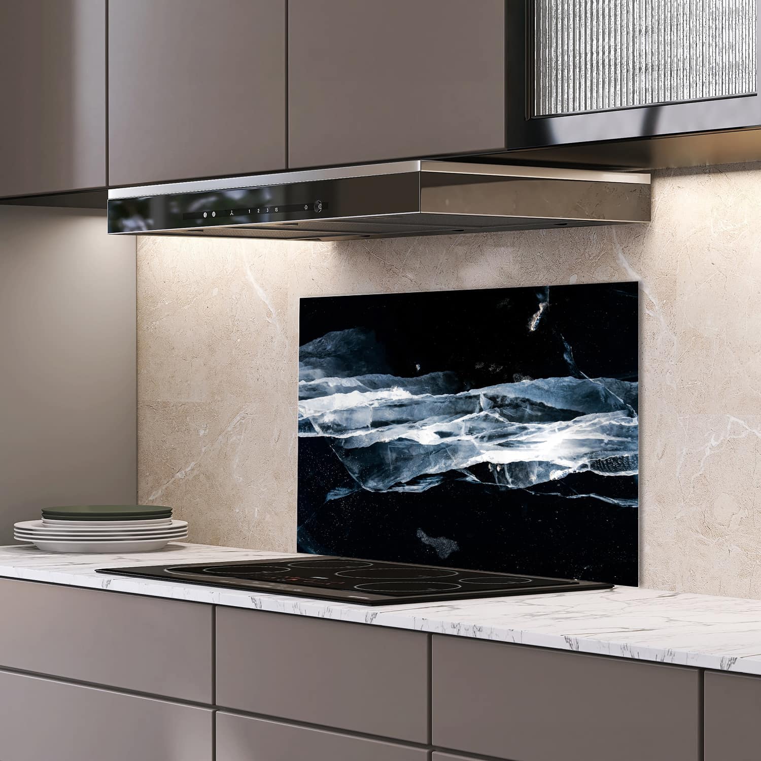 Eigen afmeting spatscherm-op-maat Keuken - Hittebestendig gehard glas - Gebroken Ijs
