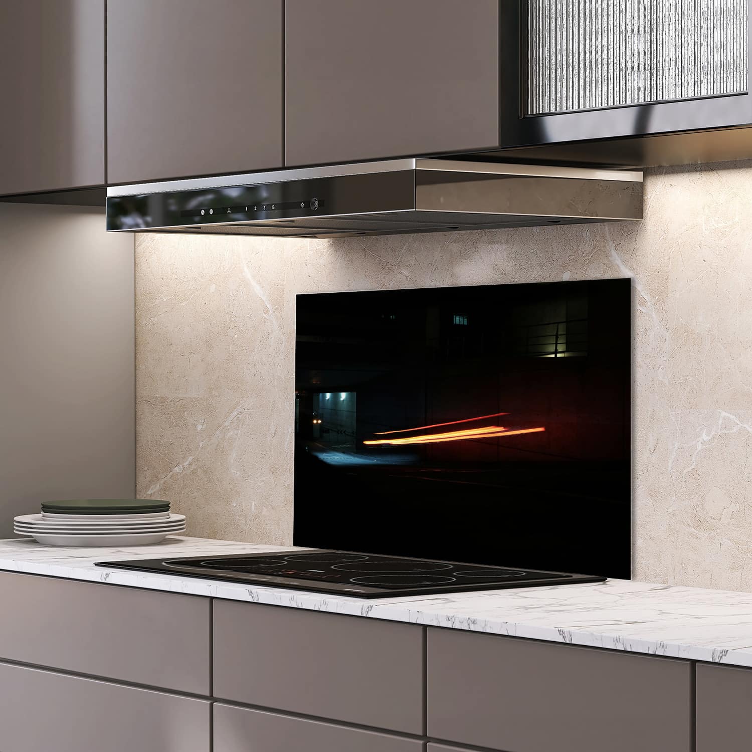 Eigen afmeting spatscherm-op-maat Keuken - Hittebestendig gehard glas - Lichtsporen in het Donker