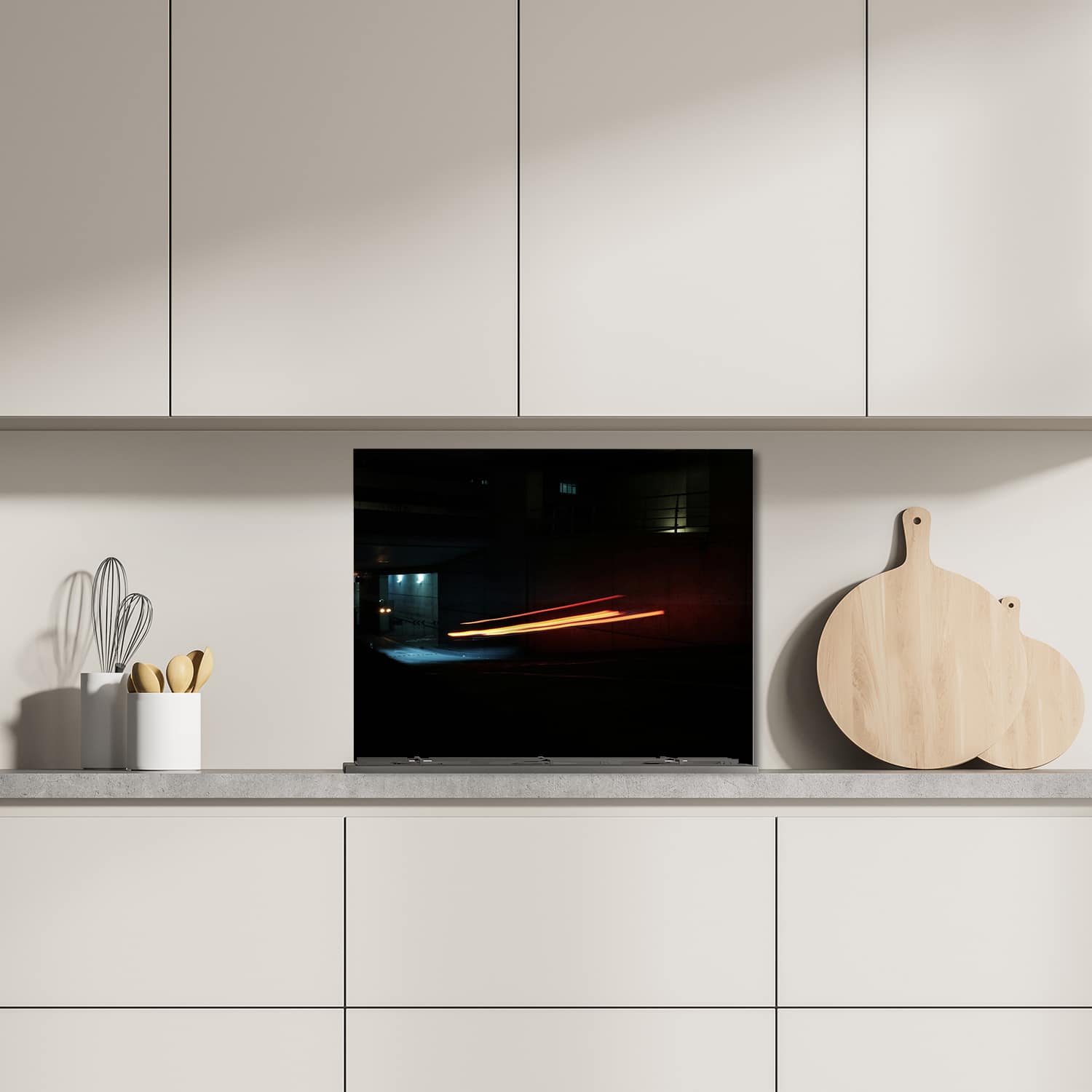 Eigen afmeting spatscherm-op-maat Keuken - Hittebestendig gehard glas - Lichtsporen in het Donker