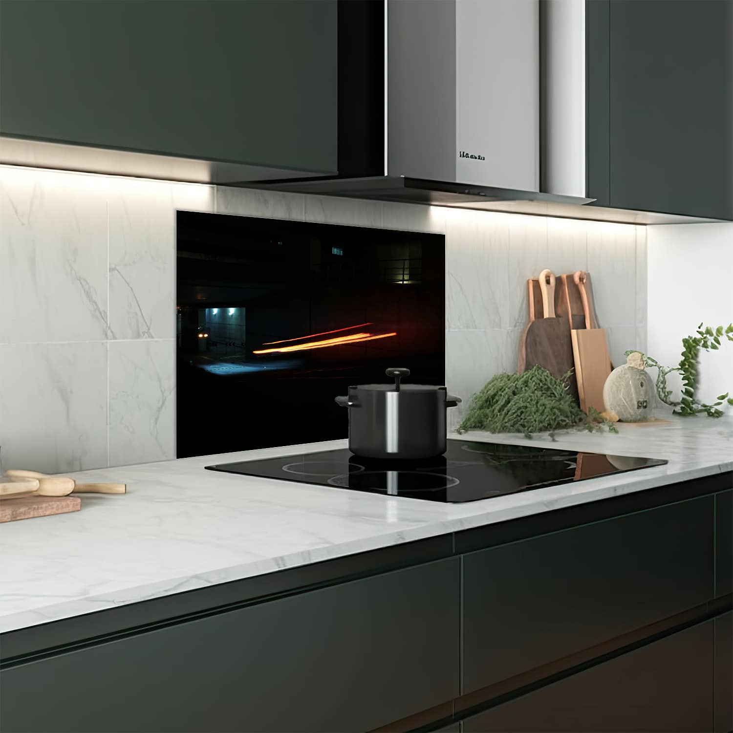 Eigen afmeting spatscherm-op-maat Keuken - Hittebestendig gehard glas - Lichtsporen in het Donker