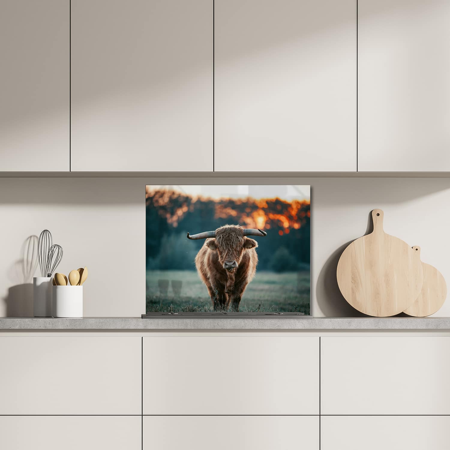 Eigen afmeting spatscherm-op-maat Keuken - Hittebestendig gehard glas - Hooglander in de avond
