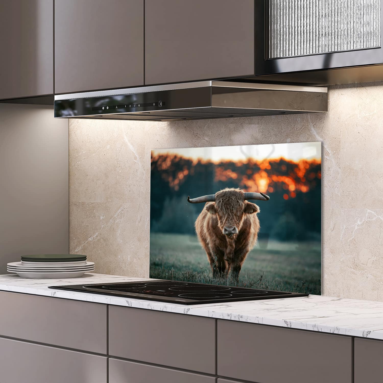 Eigen afmeting spatscherm-op-maat Keuken - Hittebestendig gehard glas - Hooglander in de avond