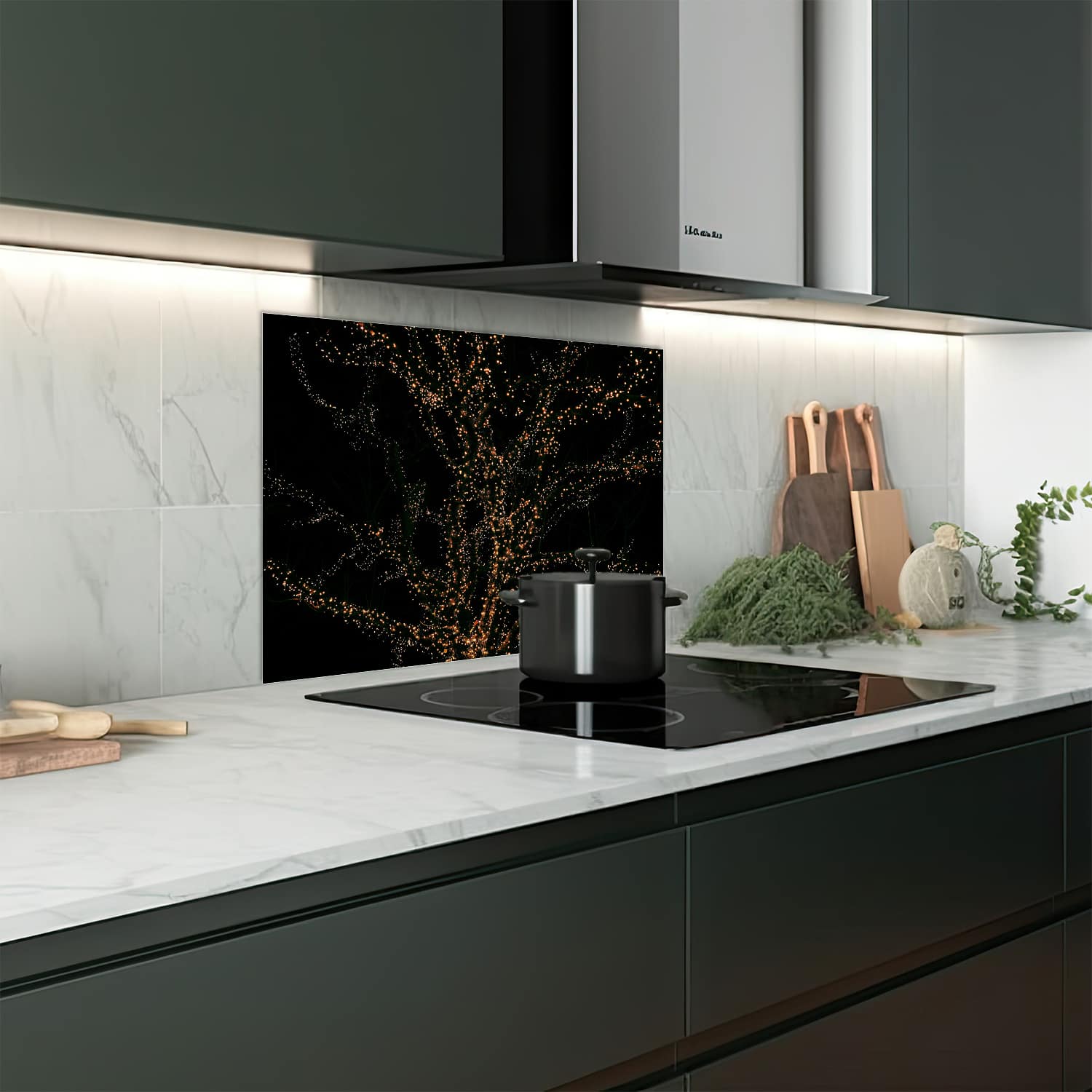 Eigen afmeting spatscherm-op-maat Keuken - Hittebestendig gehard glas - Gouden Lichtjes Boom