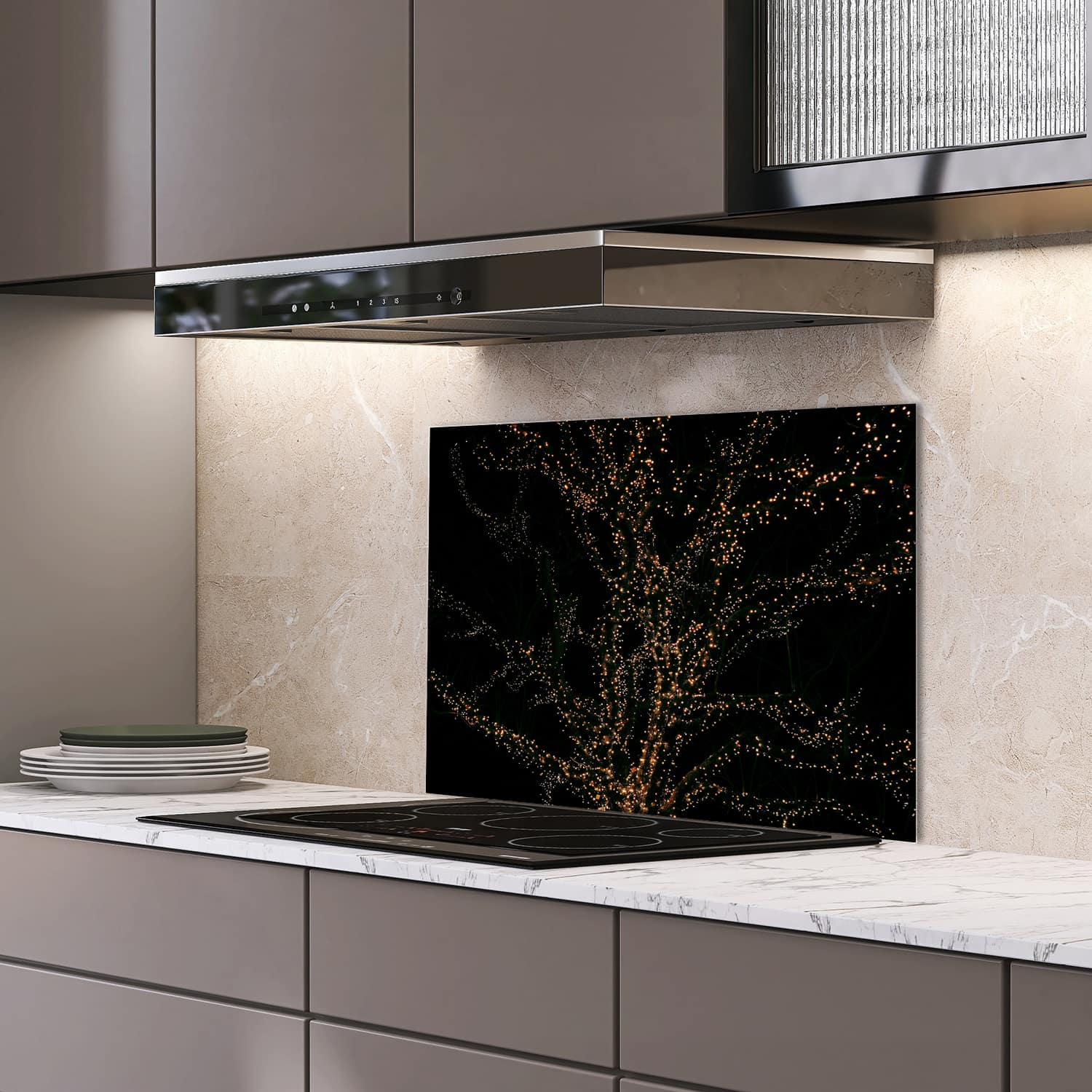 Eigen afmeting spatscherm-op-maat Keuken - Hittebestendig gehard glas - Gouden Lichtjes Boom