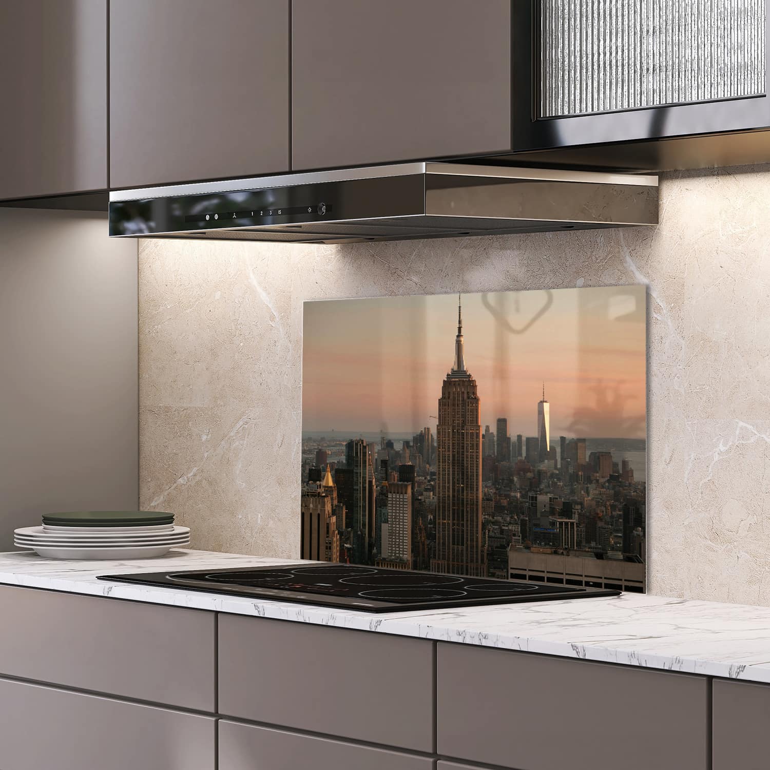 Eigen afmeting spatscherm-op-maat Keuken - Hittebestendig gehard glas - Manhattan Skyline