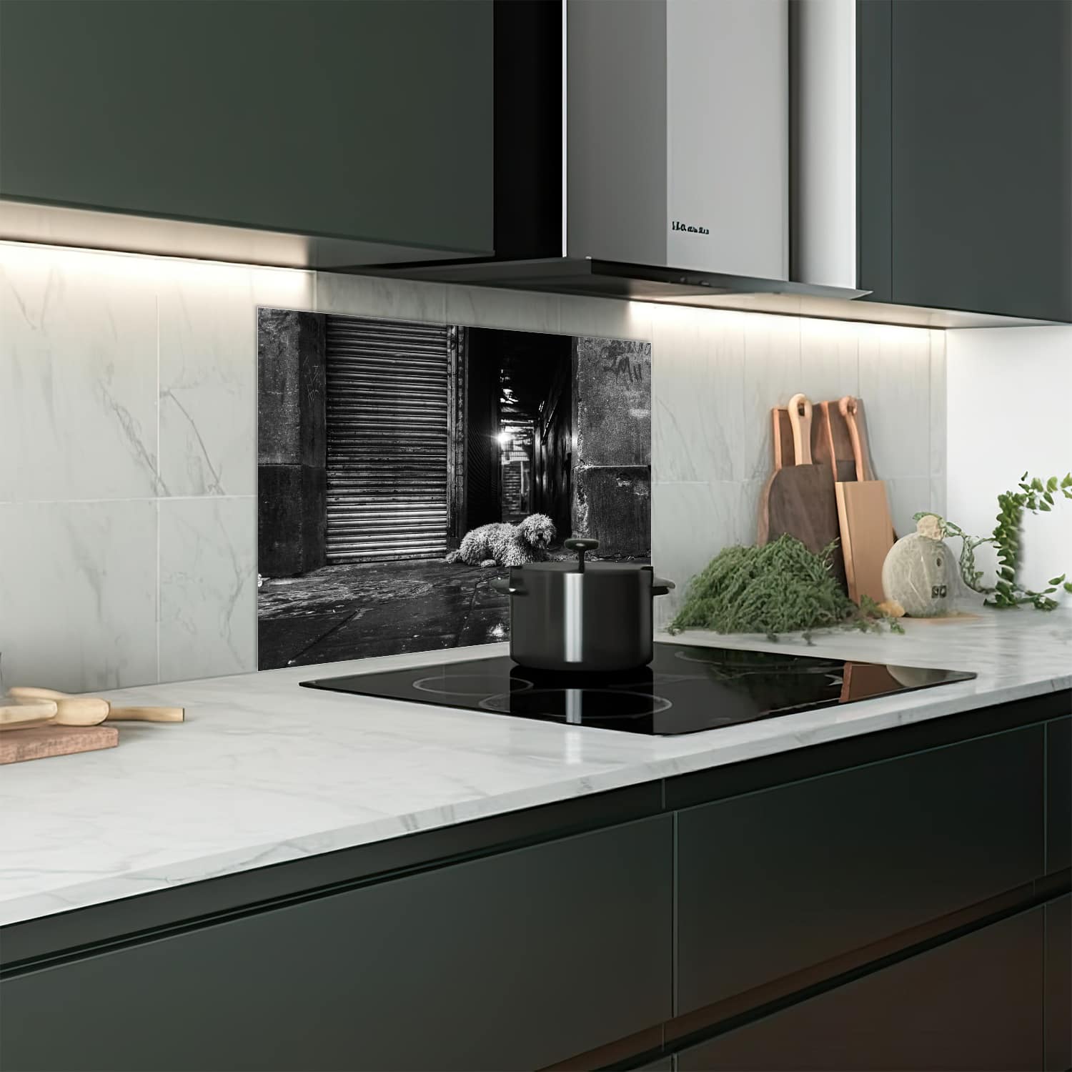 Eigen afmeting spatscherm-op-maat Keuken - Hittebestendig gehard glas - Zwart-Wit Hond op Straat