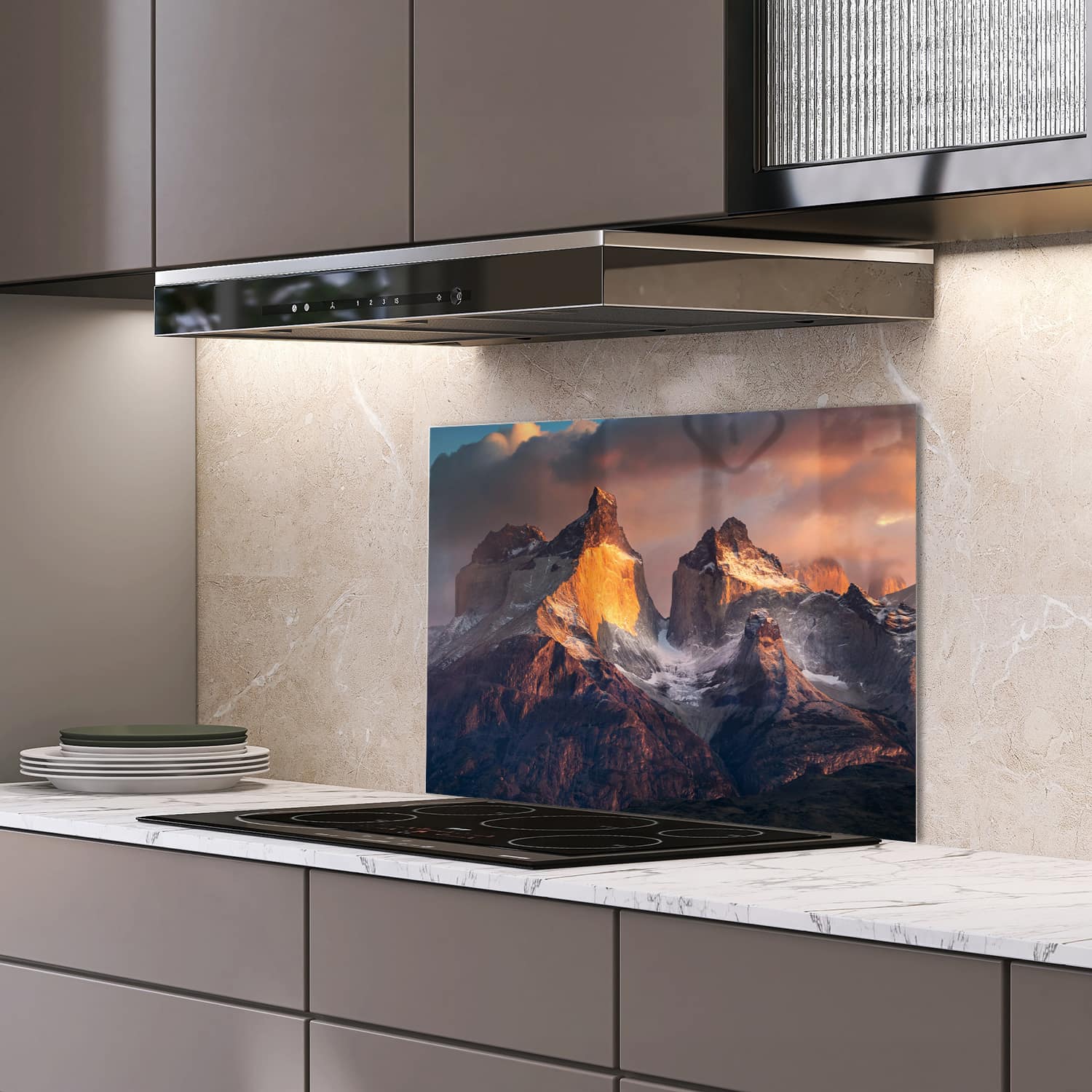 Eigen afmeting spatscherm-op-maat Keuken - Hittebestendig gehard glas - Ruwe Bergtoppen