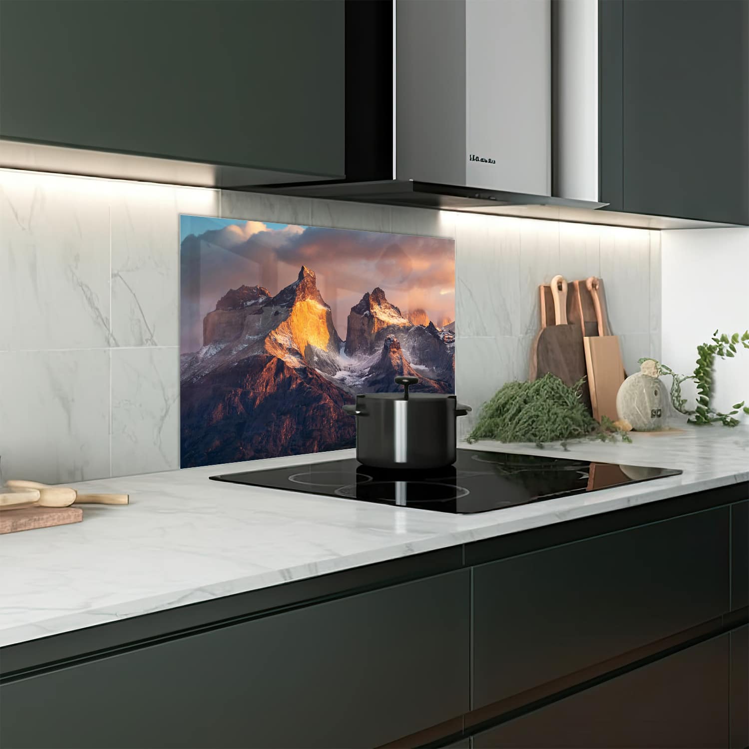 Eigen afmeting spatscherm-op-maat Keuken - Hittebestendig gehard glas - Ruwe Bergtoppen