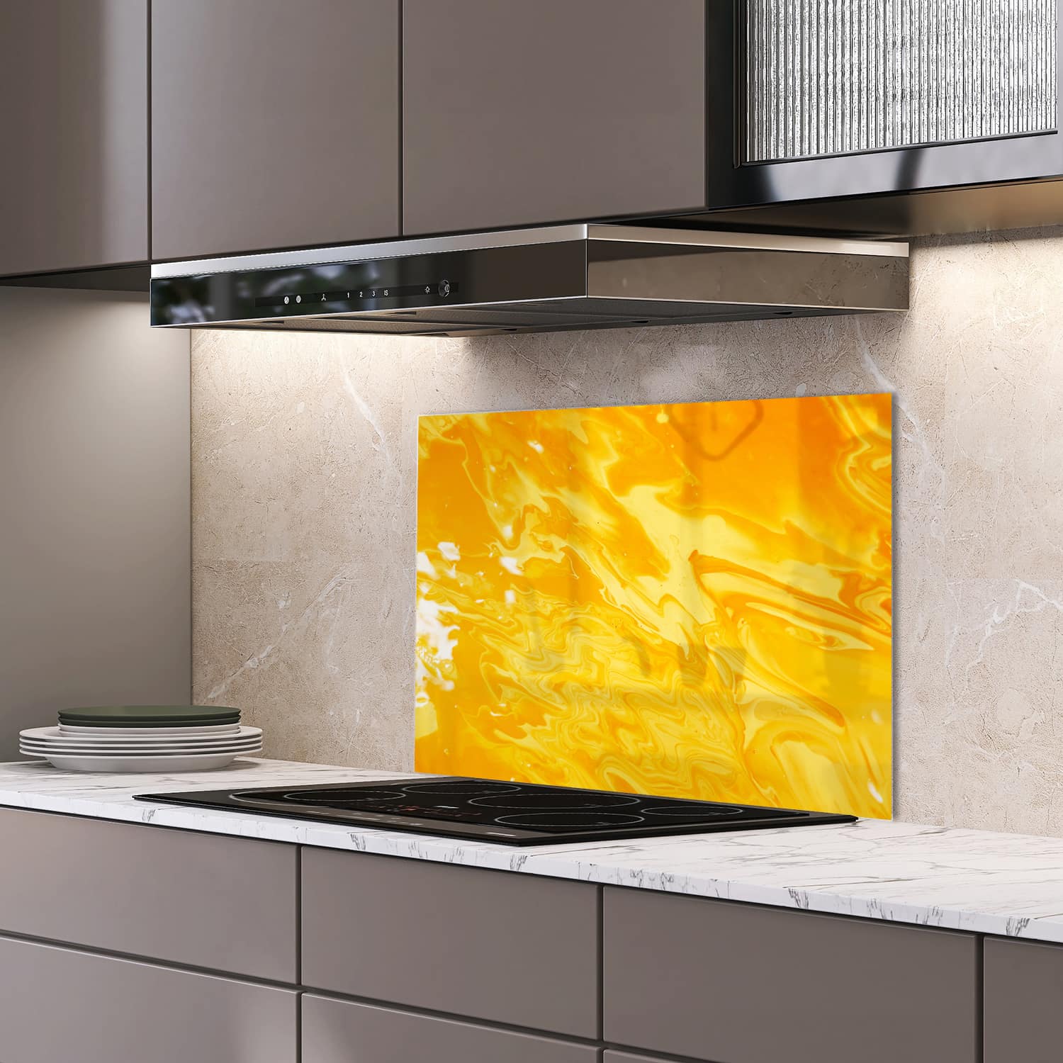 Eigen afmeting spatscherm-op-maat Keuken - Hittebestendig gehard glas - Abstract geel