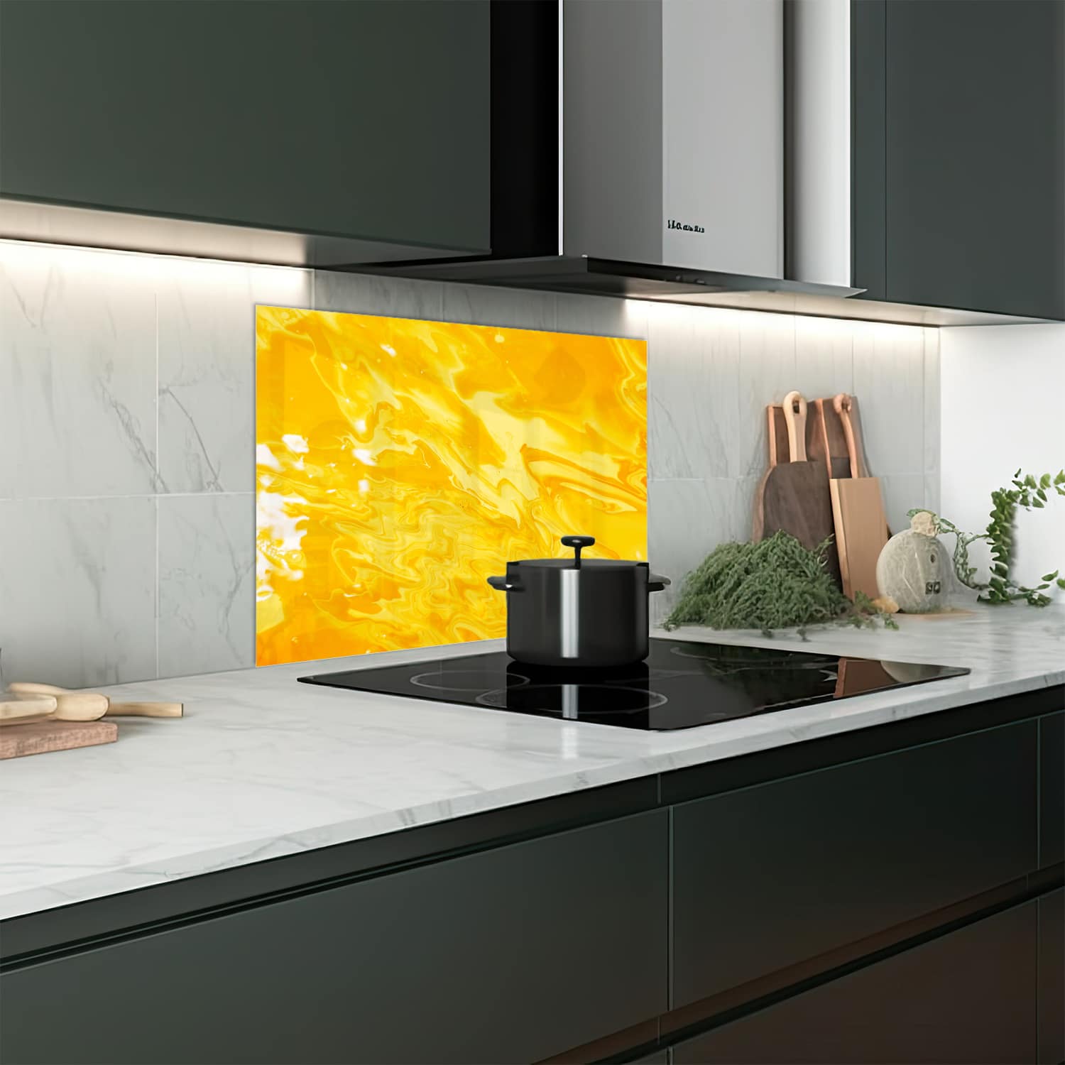 Eigen afmeting spatscherm-op-maat Keuken - Hittebestendig gehard glas - Abstract geel