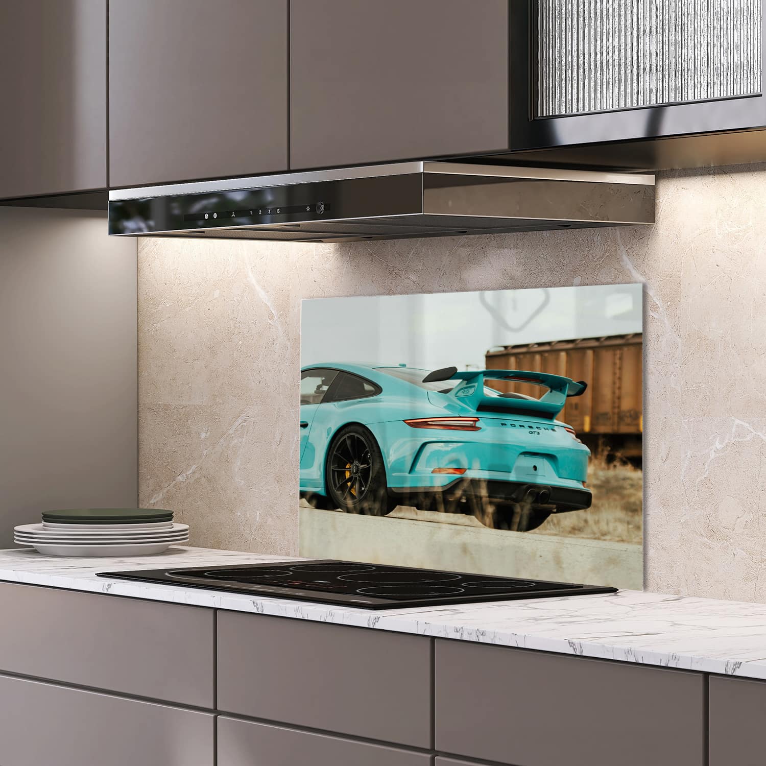Eigen afmeting spatscherm-op-maat Keuken - Hittebestendig gehard glas - Porsche GT3