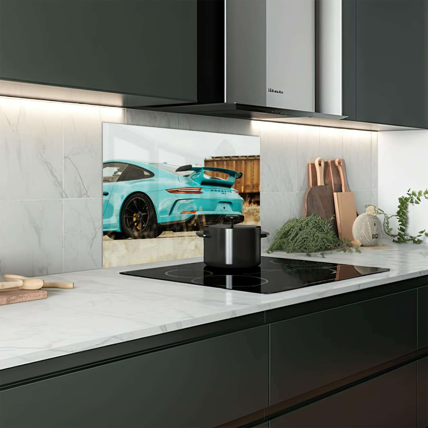 Eigen afmeting spatscherm-op-maat Keuken - Hittebestendig gehard glas - Porsche GT3