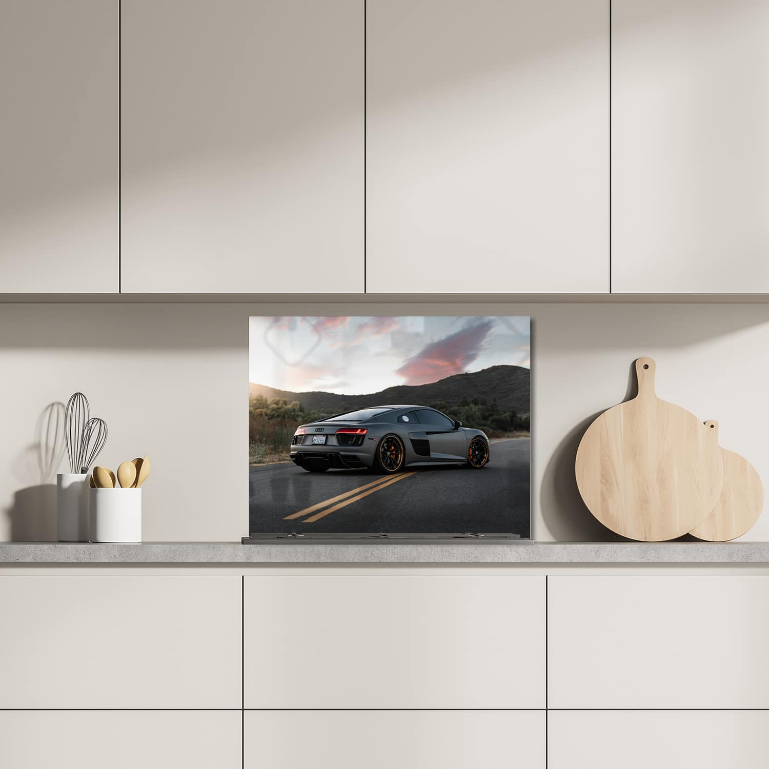 Eigen afmeting spatscherm-op-maat Keuken - Hittebestendig gehard glas - Audi R8