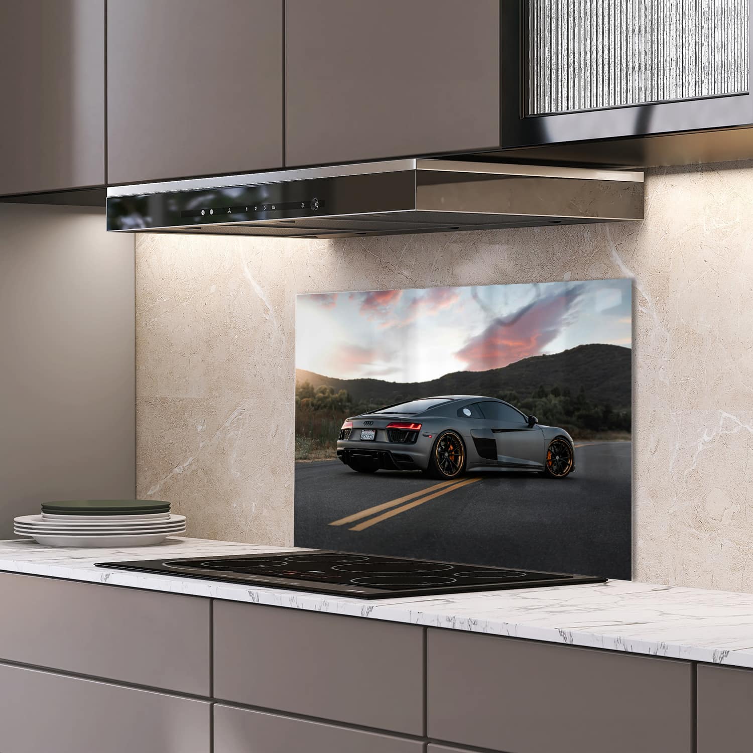 Eigen afmeting spatscherm-op-maat Keuken - Hittebestendig gehard glas - Audi R8
