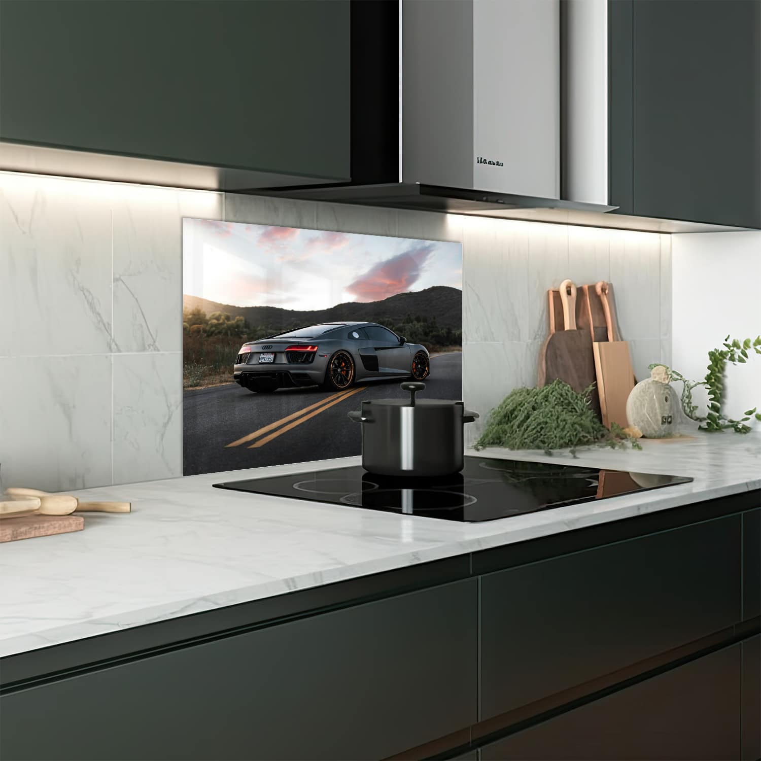 Eigen afmeting spatscherm-op-maat Keuken - Hittebestendig gehard glas - Audi R8