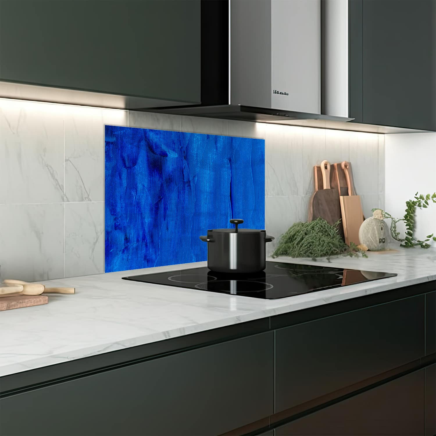 Eigen afmeting spatscherm-op-maat Keuken - Hittebestendig gehard glas - Blauw Abstractie