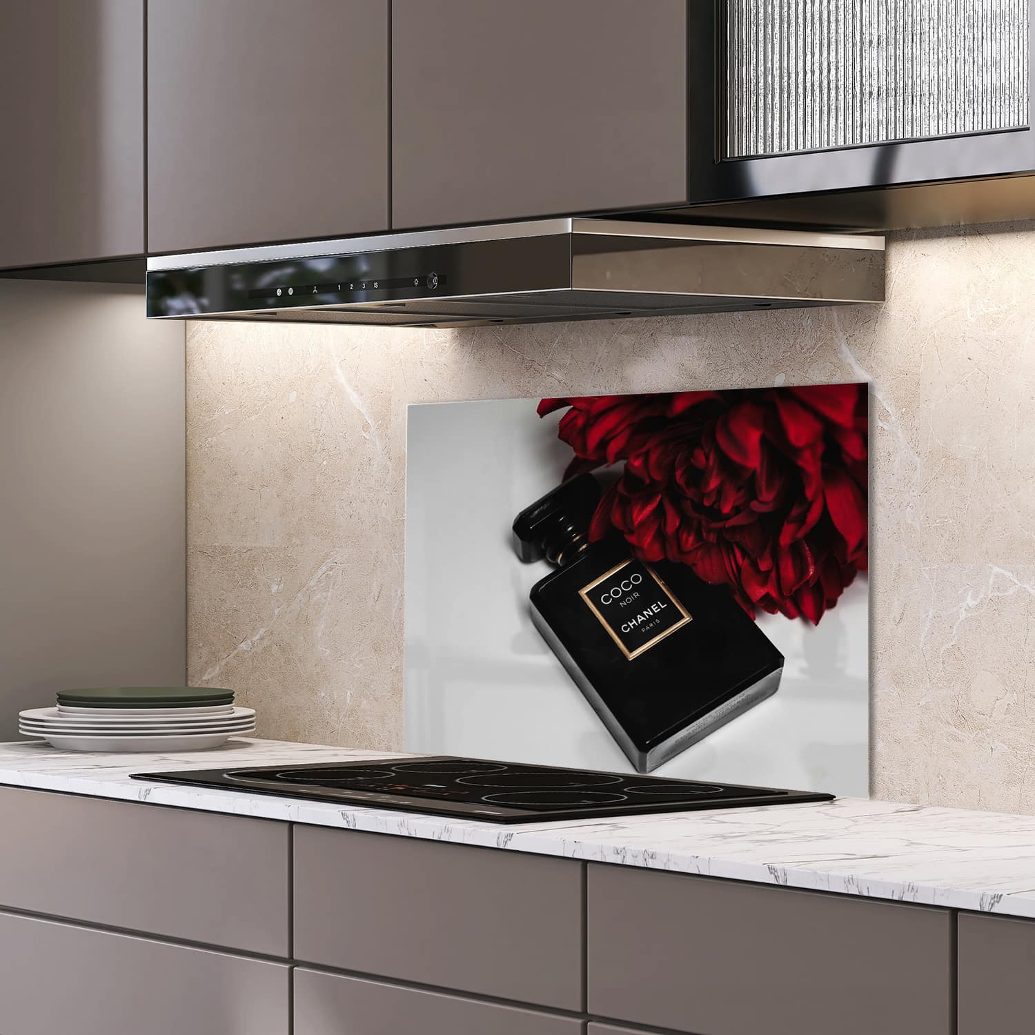 Eigen afmeting spatscherm-op-maat Keuken - Hittebestendig gehard glas - Coco Chanel Parfum