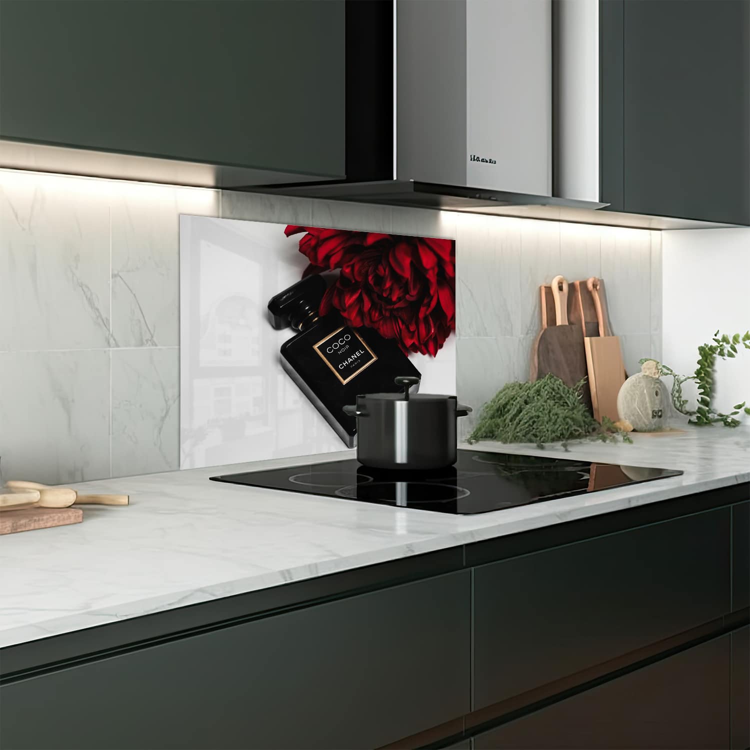 Eigen afmeting spatscherm-op-maat Keuken - Hittebestendig gehard glas - Coco Chanel Parfum