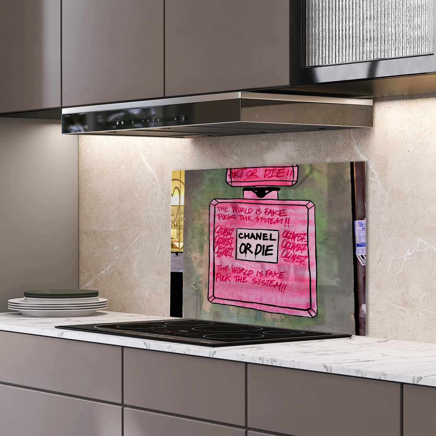 Eigen afmeting spatscherm-op-maat Keuken - Hittebestendig gehard glas - Chanel or Die Art