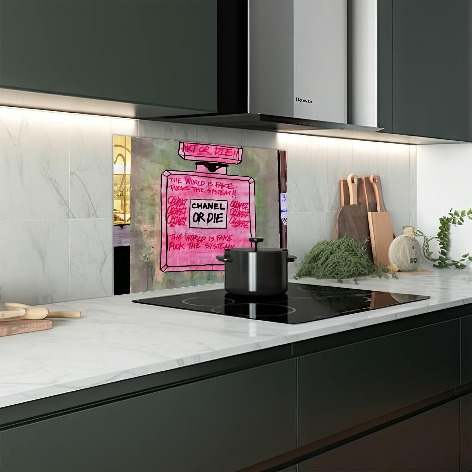Eigen afmeting spatscherm-op-maat Keuken - Hittebestendig gehard glas - Chanel or Die Art
