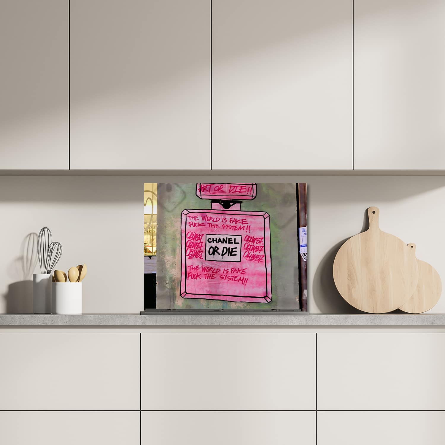 Eigen afmeting spatscherm-op-maat Keuken - Hittebestendig gehard glas - Chanel or Die Art