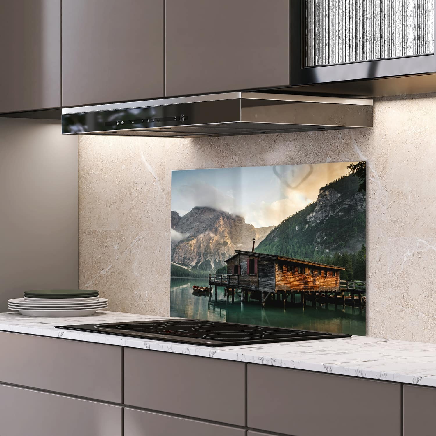 Eigen afmeting spatscherm-op-maat Keuken - Hittebestendig gehard glas - Berghut aan het Meer