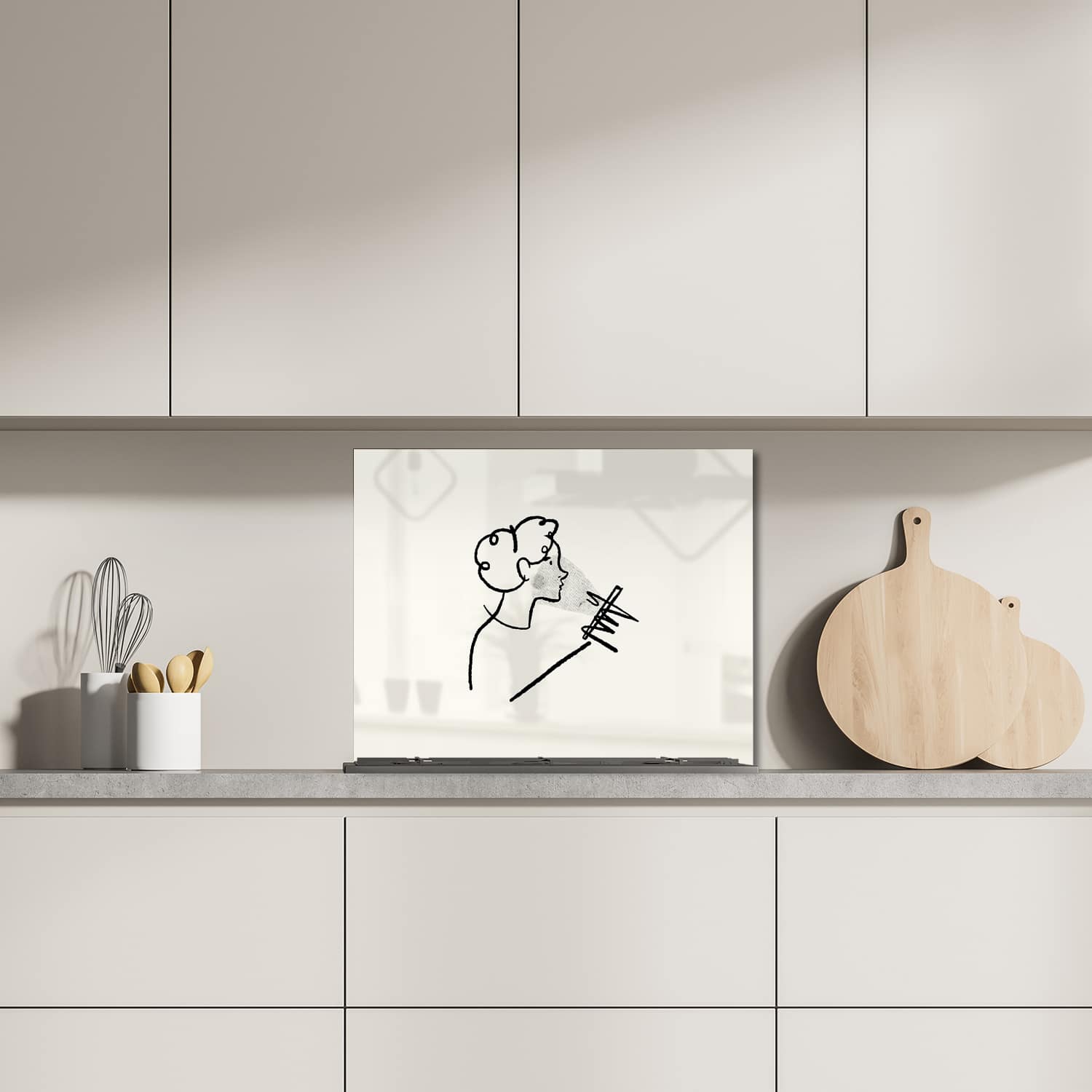 Eigen afmeting spatscherm-op-maat Keuken - Hittebestendig gehard glas - Getekende Vrouw