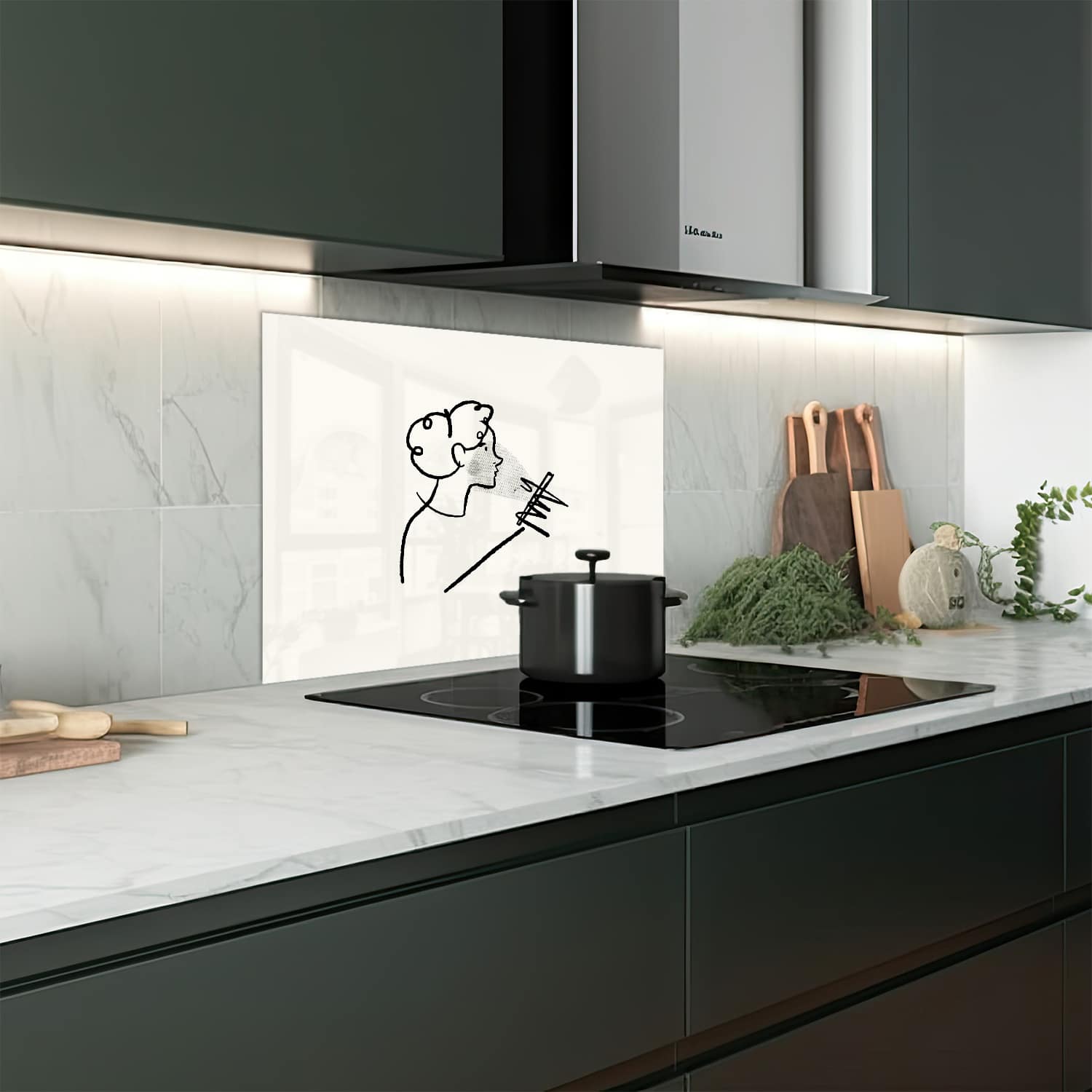 Eigen afmeting spatscherm-op-maat Keuken - Hittebestendig gehard glas - Getekende Vrouw