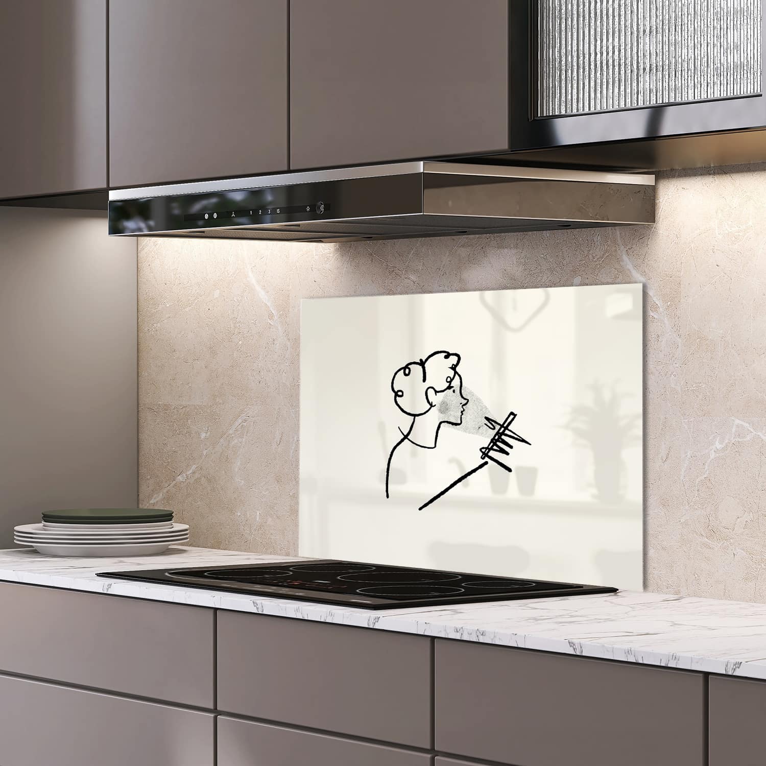 Eigen afmeting spatscherm-op-maat Keuken - Hittebestendig gehard glas - Getekende Vrouw