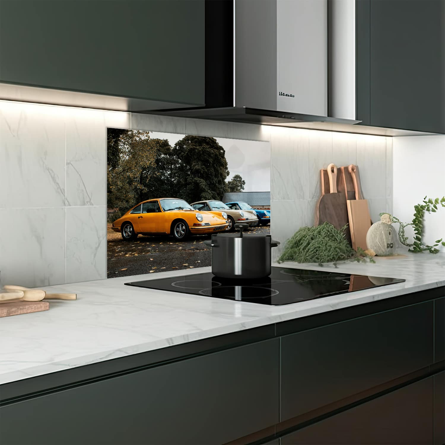 Eigen afmeting spatscherm-op-maat Keuken - Hittebestendig gehard glas - Porsche 911 1970