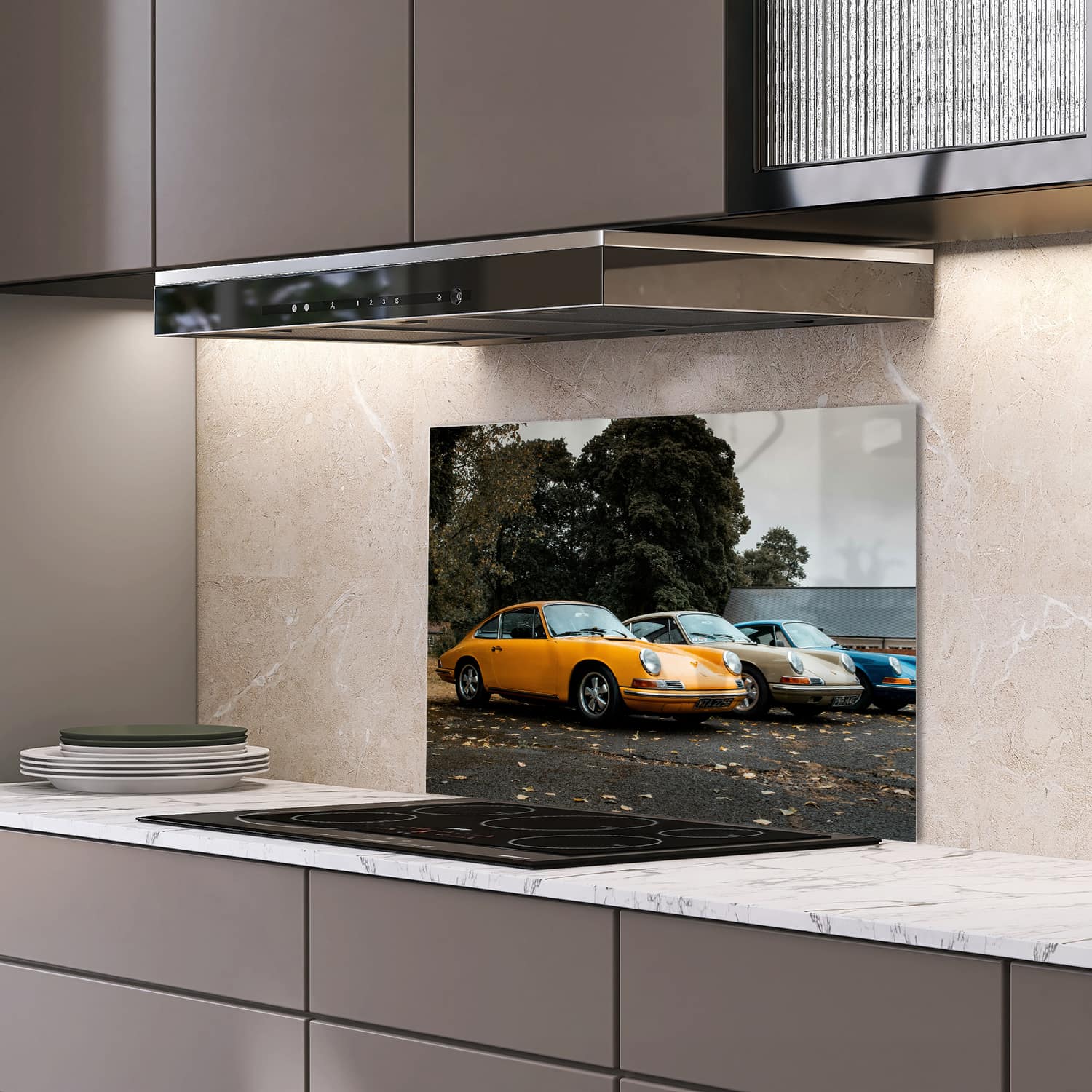 Eigen afmeting spatscherm-op-maat Keuken - Hittebestendig gehard glas - Porsche 911 1970