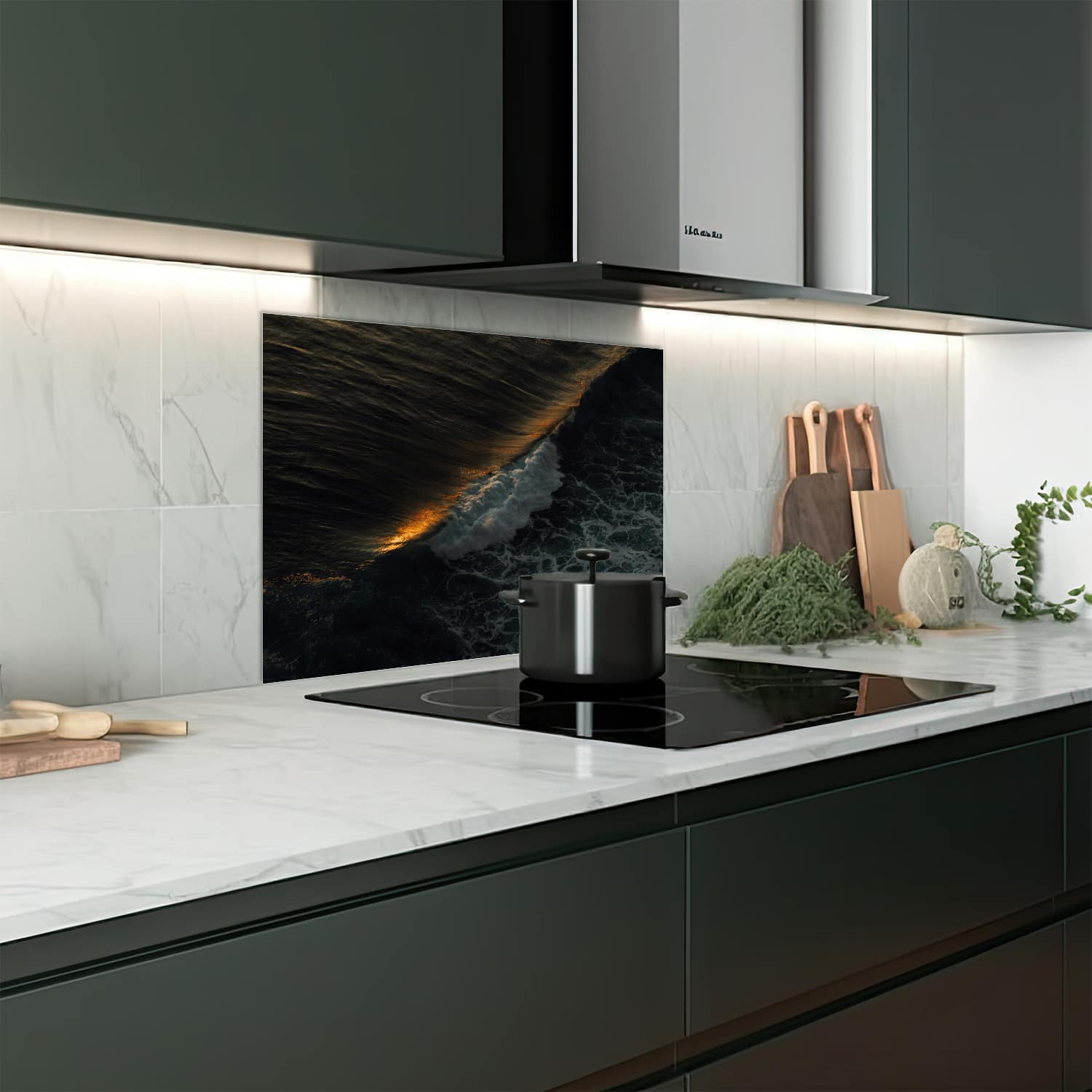Eigen afmeting spatscherm-op-maat Keuken - Hittebestendig gehard glas - Golven in de Avond