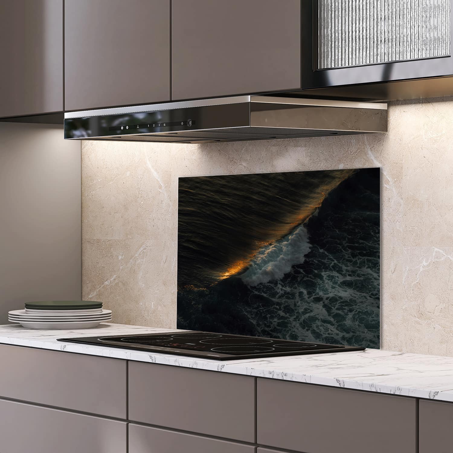 Eigen afmeting spatscherm-op-maat Keuken - Hittebestendig gehard glas - Golven in de Avond