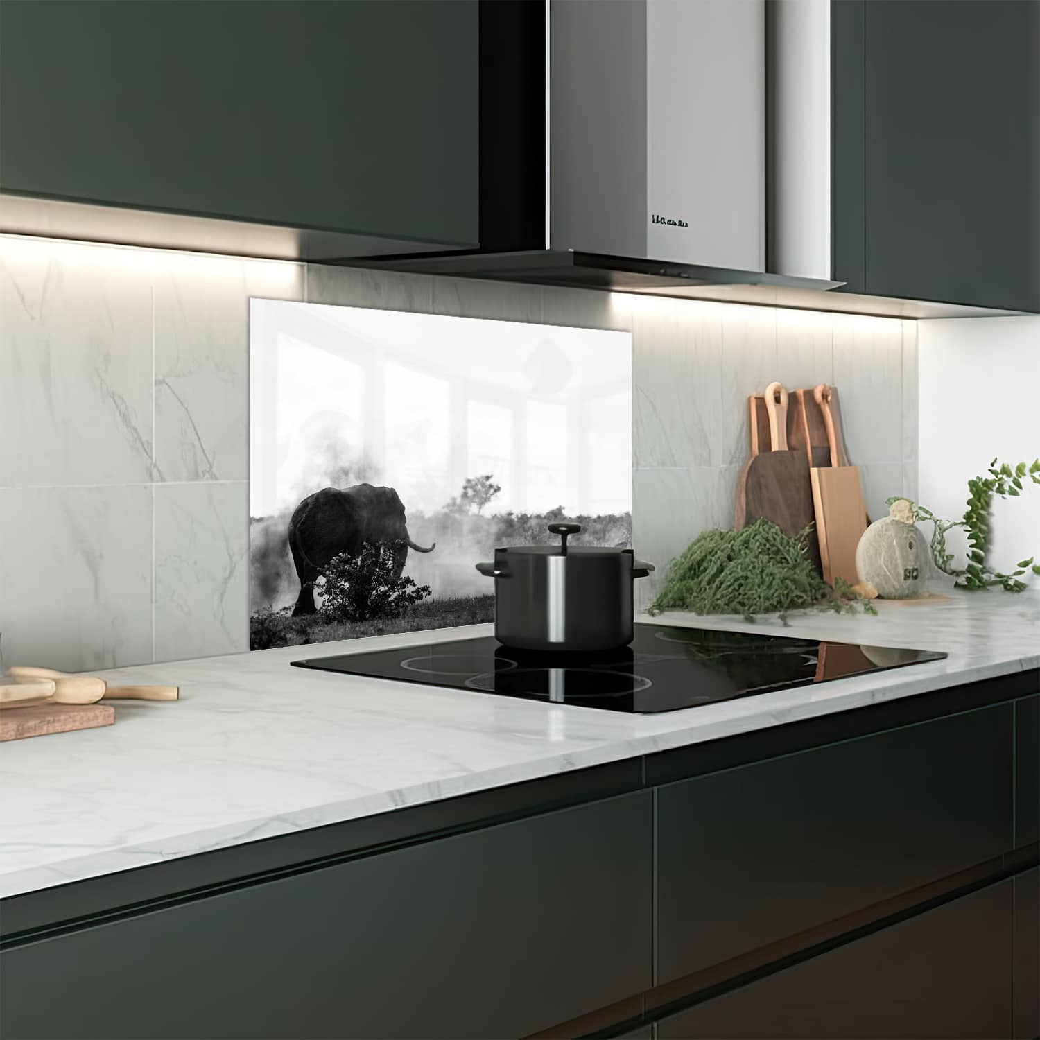 Eigen afmeting spatscherm-op-maat Keuken - Hittebestendig gehard glas - Olifant in Zwart-Wit