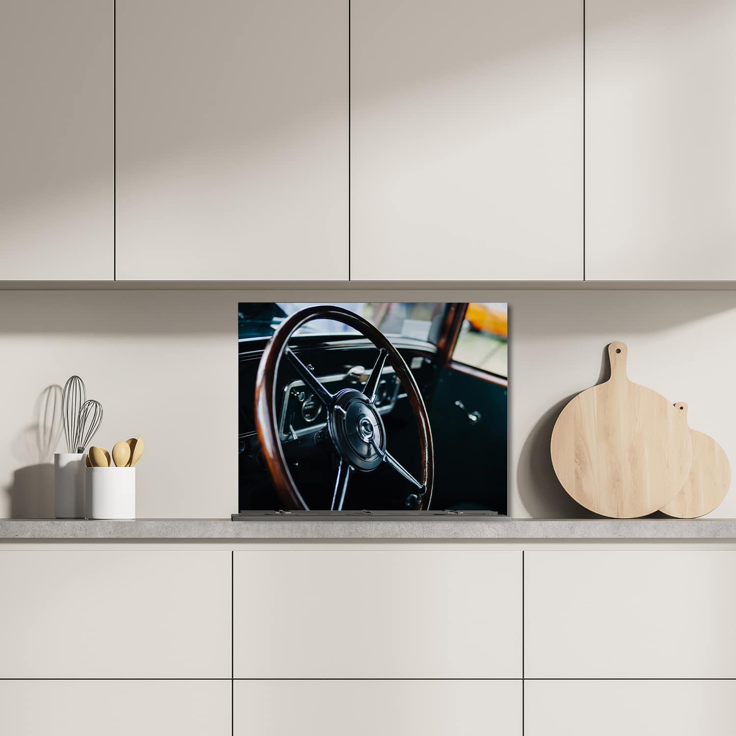 Eigen afmeting spatscherm-op-maat Keuken - Hittebestendig gehard glas - Vintage Stuur