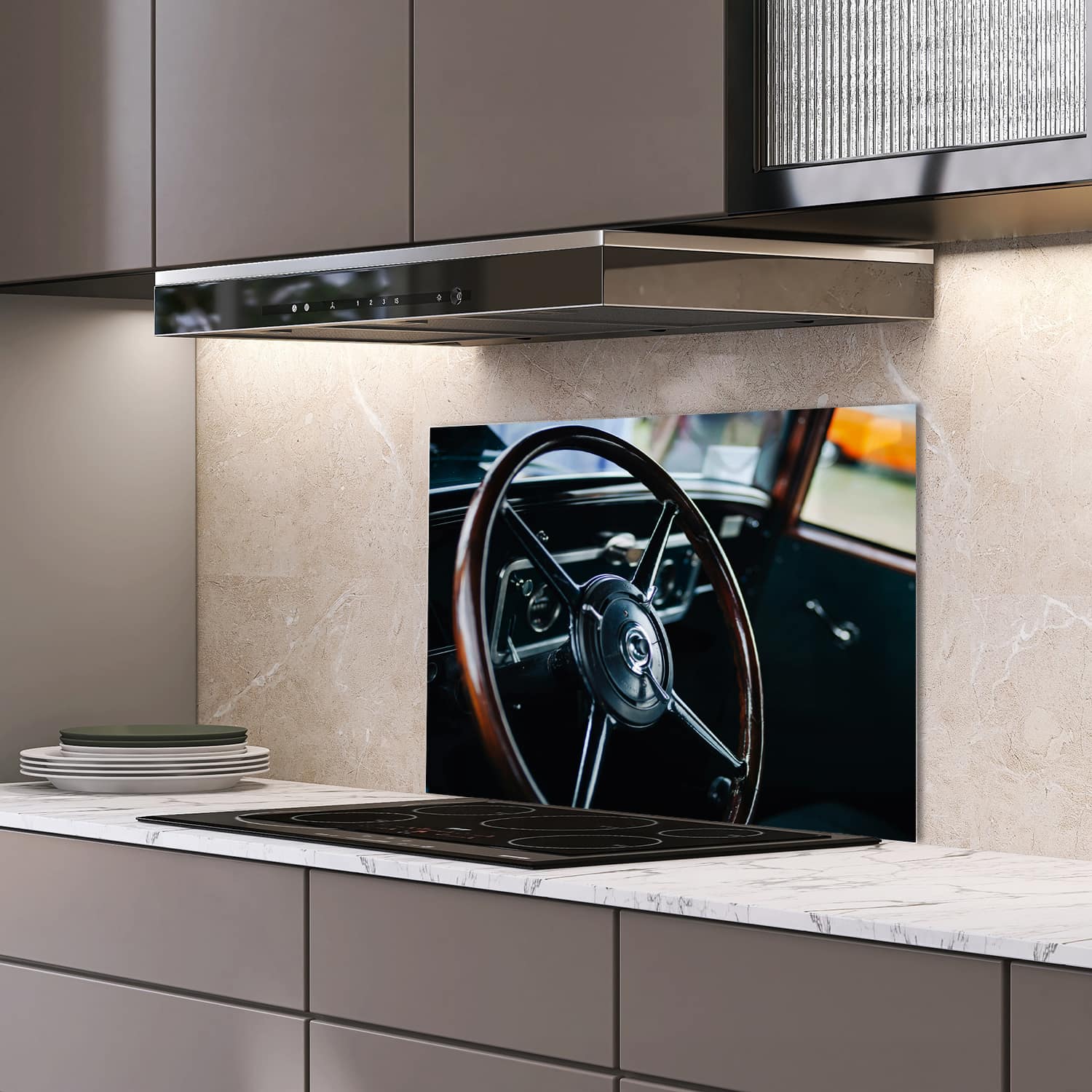 Eigen afmeting spatscherm-op-maat Keuken - Hittebestendig gehard glas - Vintage Stuur