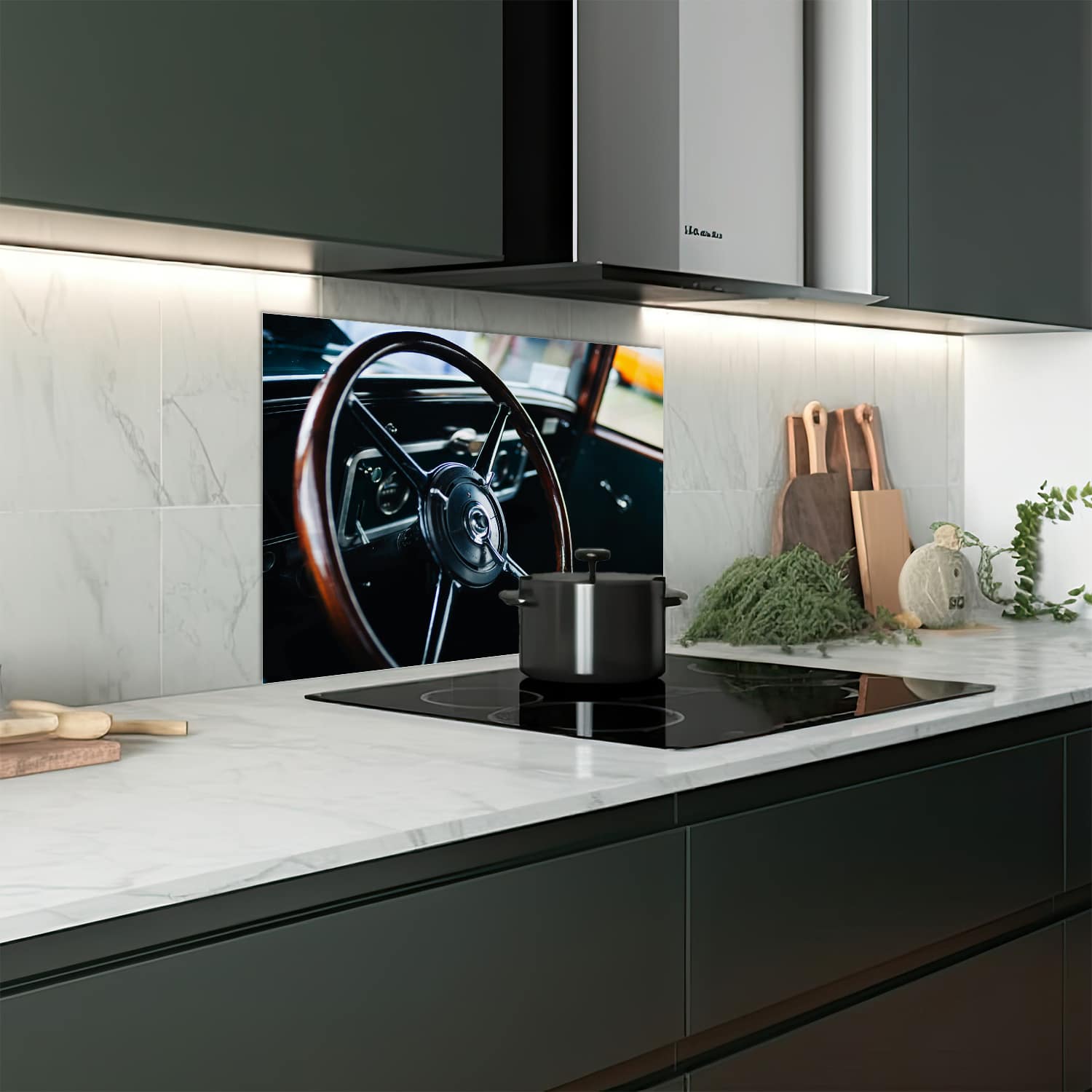 Eigen afmeting spatscherm-op-maat Keuken - Hittebestendig gehard glas - Vintage Stuur