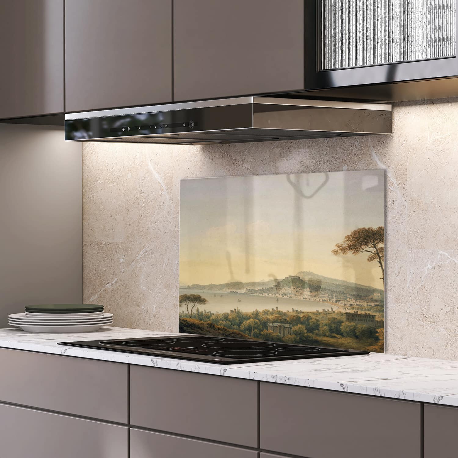 Eigen afmeting spatscherm-op-maat Keuken - Hittebestendig gehard glas - Waterverf  Schilderij Kustlijn