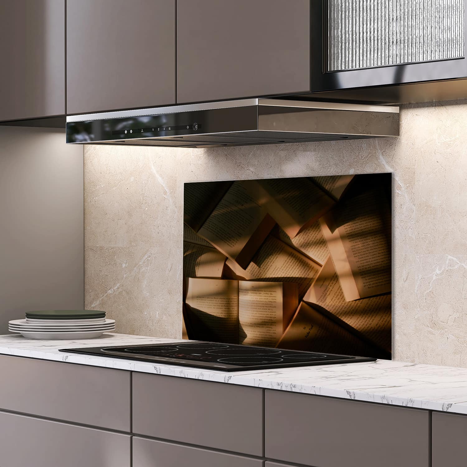 Eigen afmeting spatscherm-op-maat Keuken - Hittebestendig gehard glas - Boeken Textuur