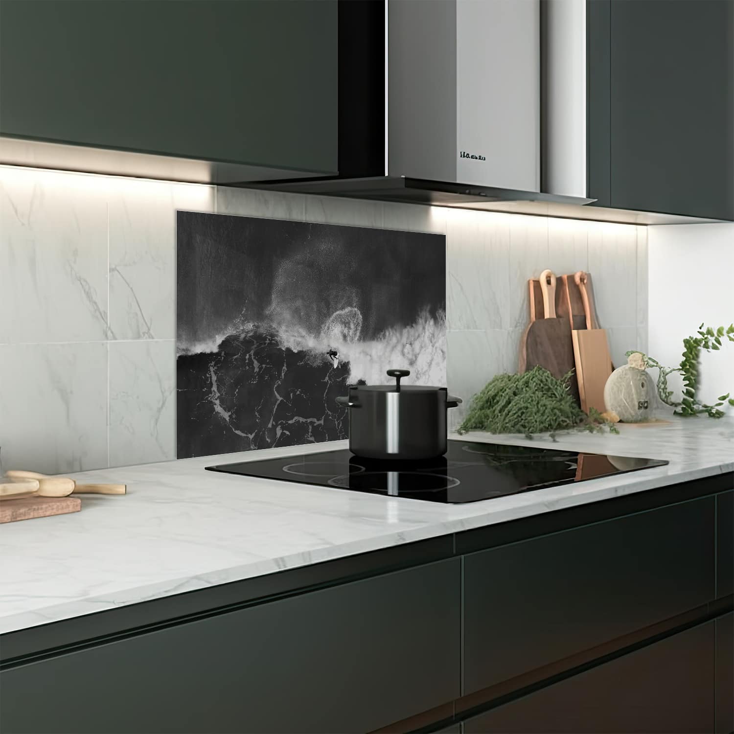 Eigen afmeting spatscherm-op-maat Keuken - Hittebestendig gehard glas - Zwart-Wit Surfer
