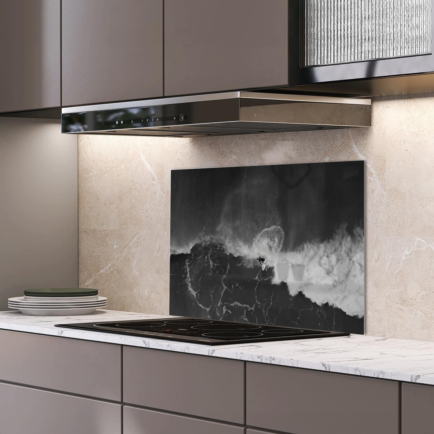 Eigen afmeting spatscherm-op-maat Keuken - Hittebestendig gehard glas - Zwart-Wit Surfer