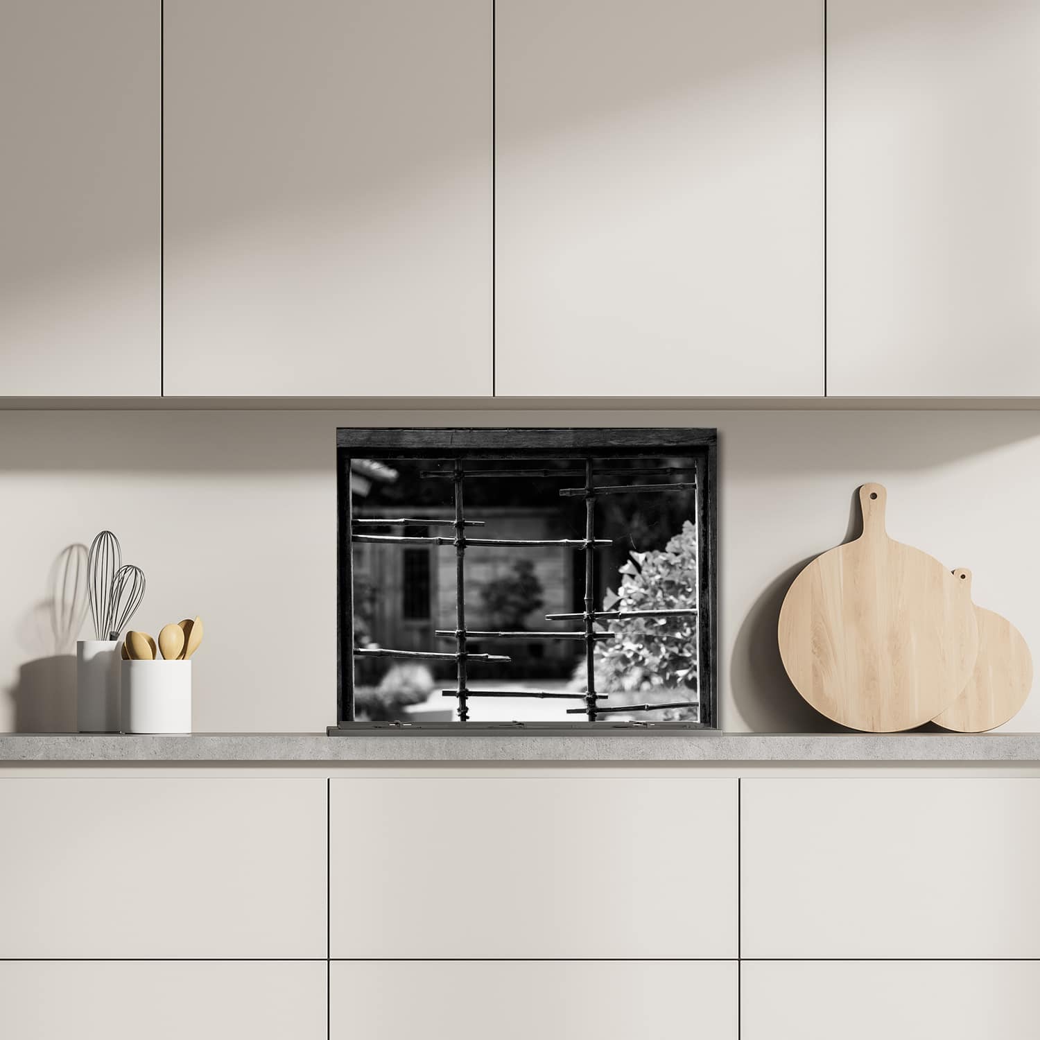 Eigen afmeting spatscherm-op-maat Keuken - Hittebestendig gehard glas - Zwart-Wit Raam
