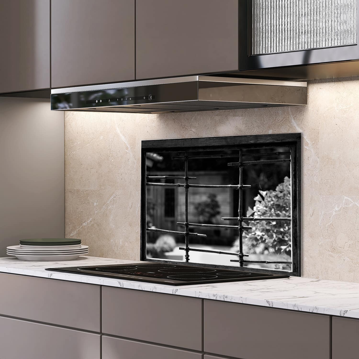 Eigen afmeting spatscherm-op-maat Keuken - Hittebestendig gehard glas - Zwart-Wit Raam