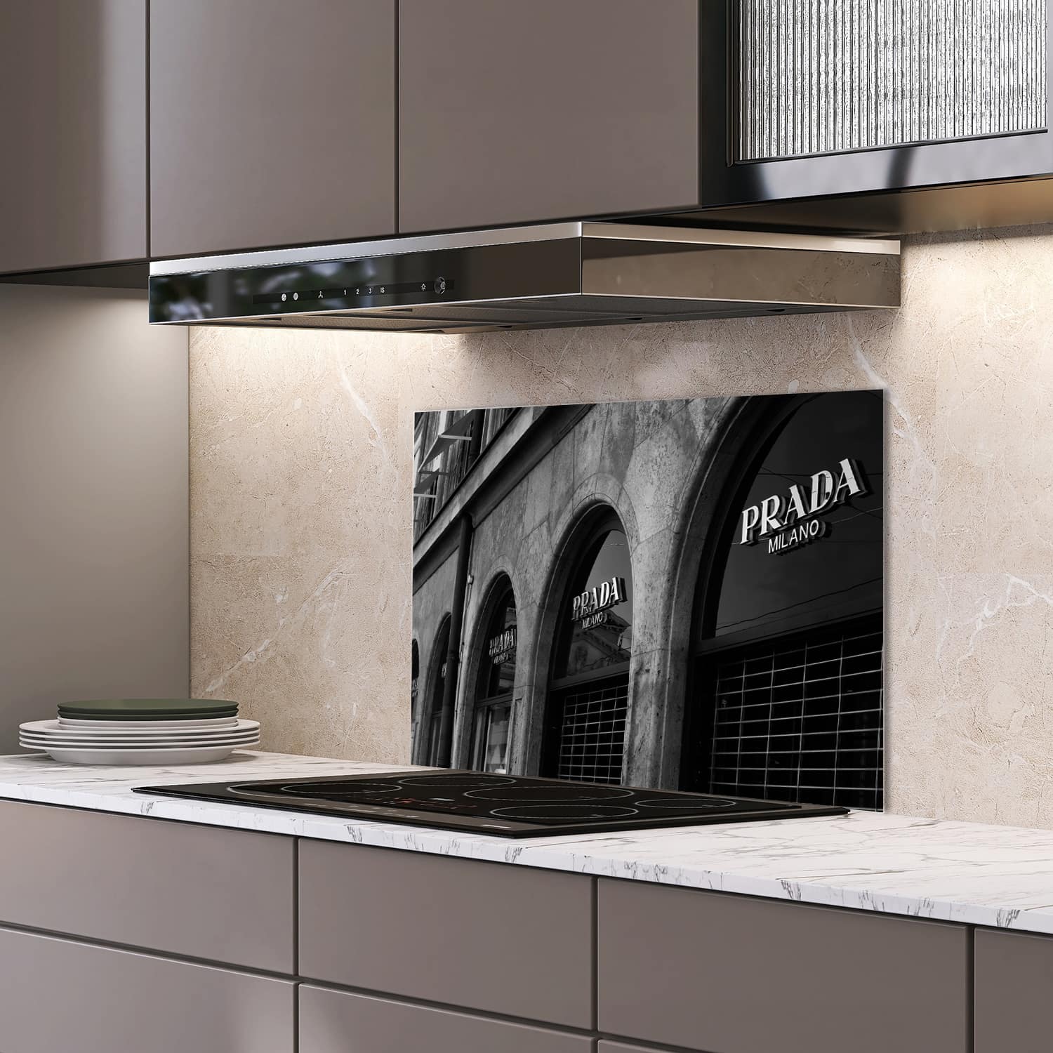 Eigen afmeting spatscherm-op-maat Keuken - Hittebestendig gehard glas - Prada Milano