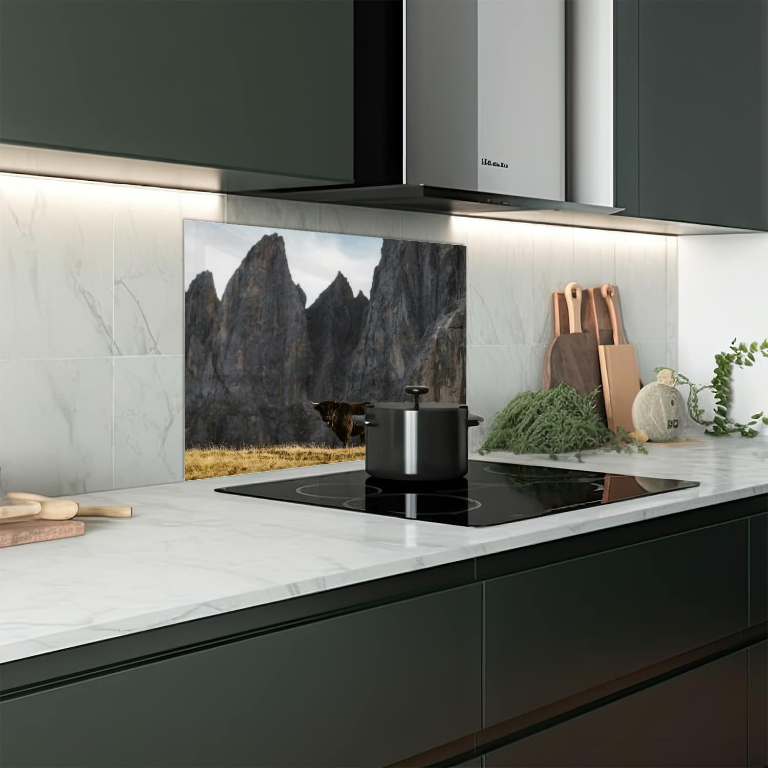 Eigen afmeting spatscherm-op-maat Keuken - Hittebestendig gehard glas - Stier in de bergen