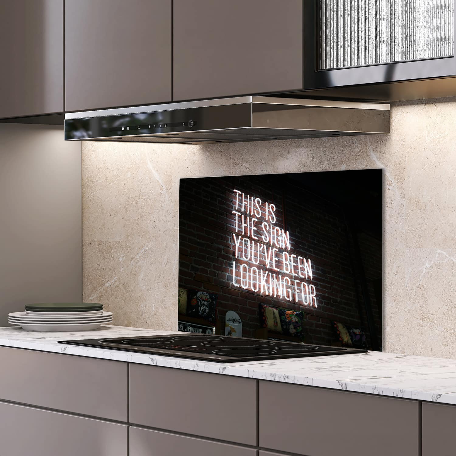 Eigen afmeting spatscherm-op-maat Keuken - Hittebestendig gehard glas - This is the Sign
