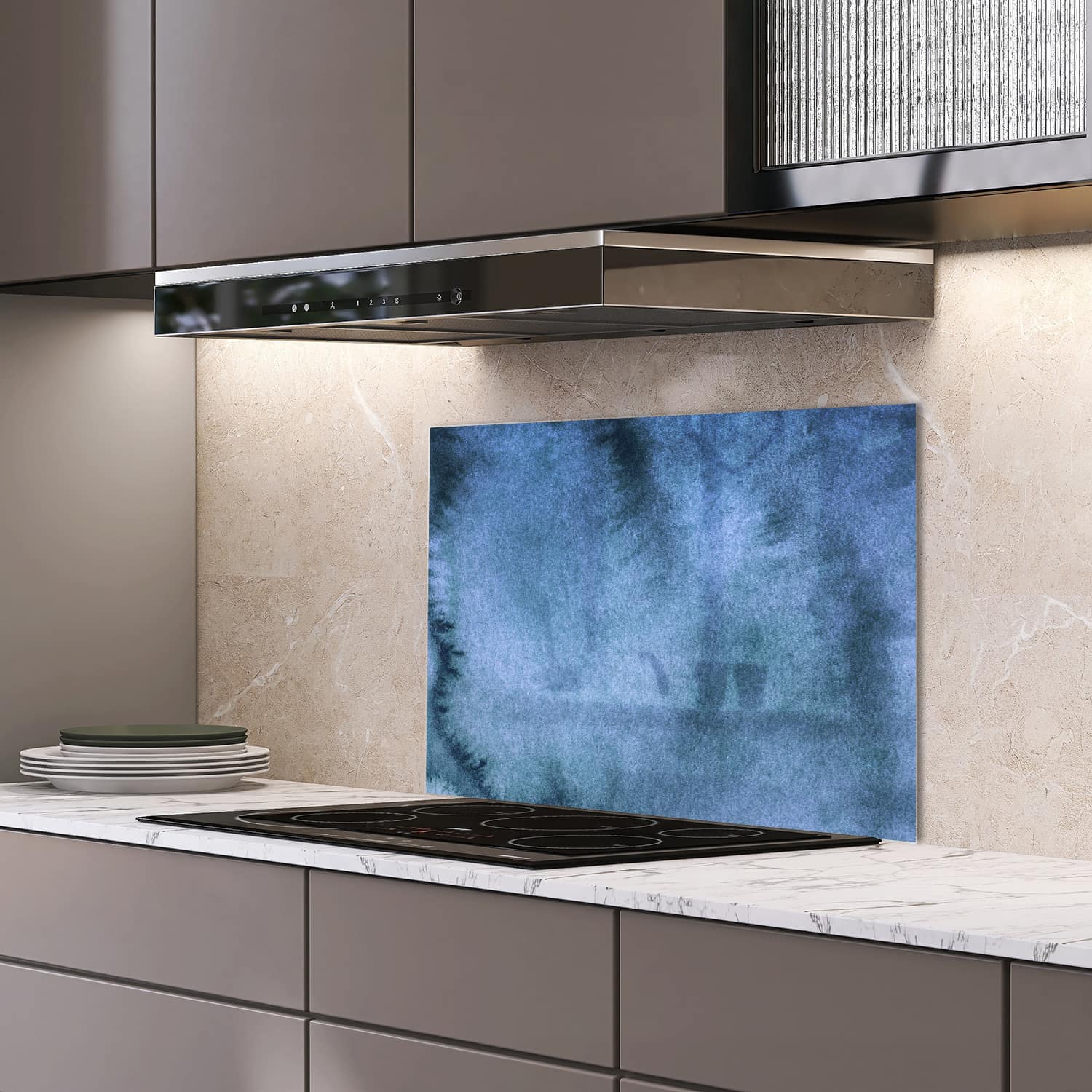 Eigen afmeting spatscherm-op-maat Keuken - Hittebestendig gehard glas - Waterverf Schilderij Blauw